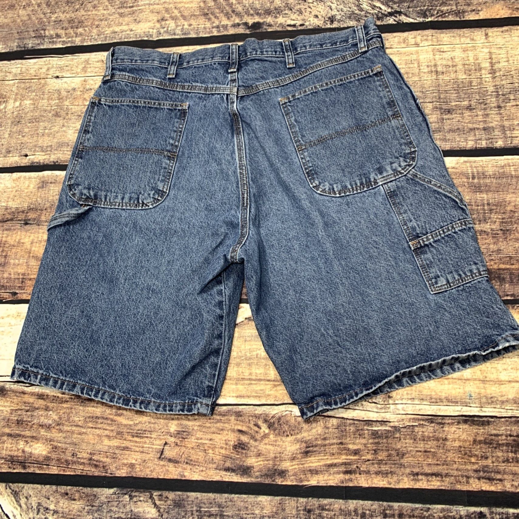Denime Rustler Denim Jean Carpenter Shorts 100% Cotton Size 36 Work Cargo workwear Mens Shorts 80s 90s Blue Cotton Pockets Regular Inseam 10 Short Size US 44 / EU 60 - 2 Thumbnail