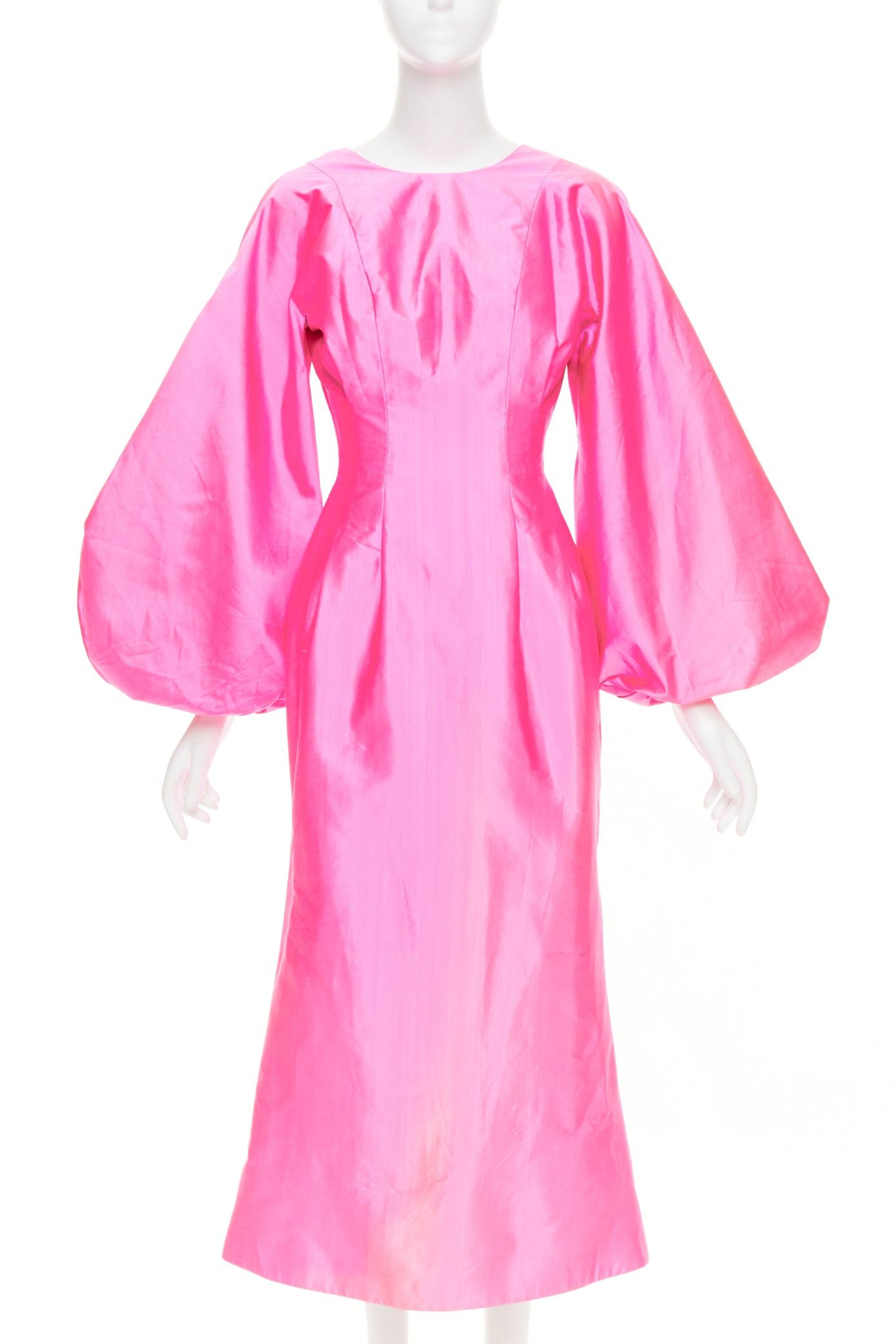 Other ROSARIO hot pink 100% silk shiny puff sleeves cinched waist midi dress FR36 S Size S / US 4 / IT 40 - 1 Thumbnail