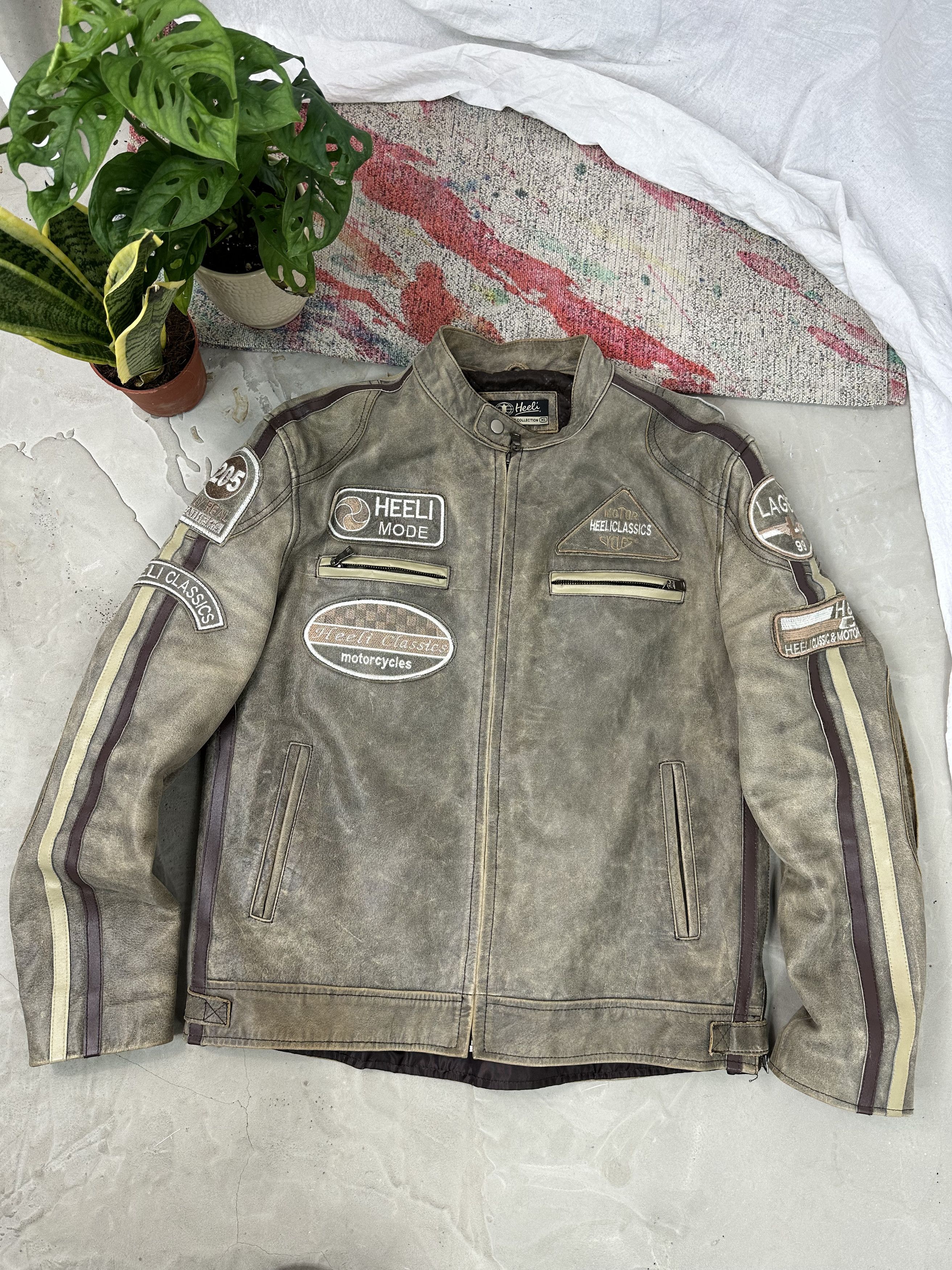 image of Vintage Racing Leather Jacket Distressed Faded in Beige, Men's (Size XL)