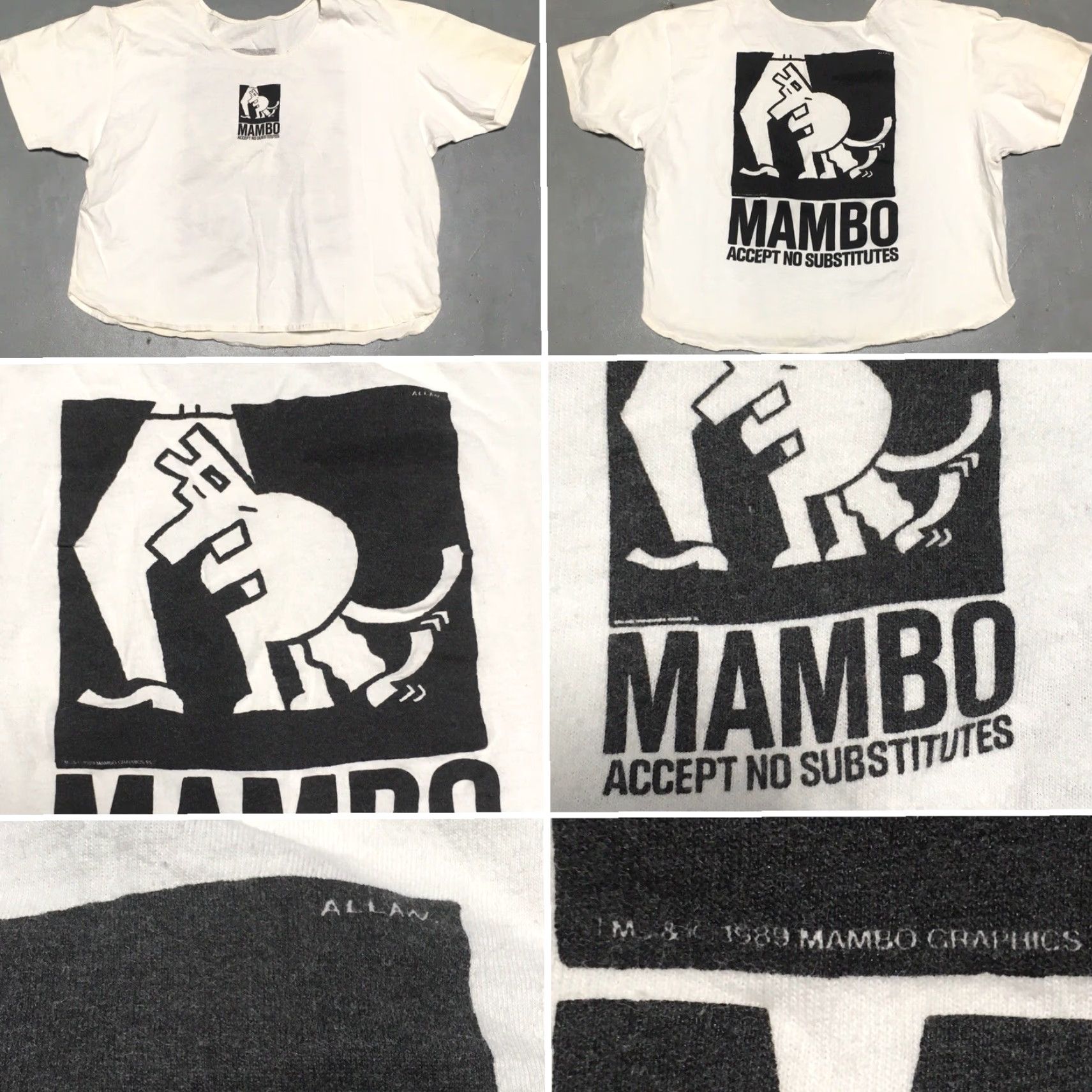 Mambo Vtg MAMBO Accept No Substitutes Crop Top T Shirt c 1989 80s 90s Surf Art Worn Mens One Size White Graphic Tee Size US M / EU 48-50 / 2 - 4 Thumbnail