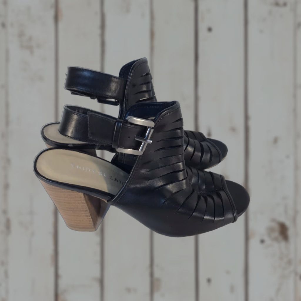 Chinese Laundry Chinese Laundry Gladiator Sandals Women's 7.5 Black Faux Leather Peep Toe 3.5in High Heel Block Buckle Straps Dressy Size US 4 / IT 34 - 1 Thumbnail
