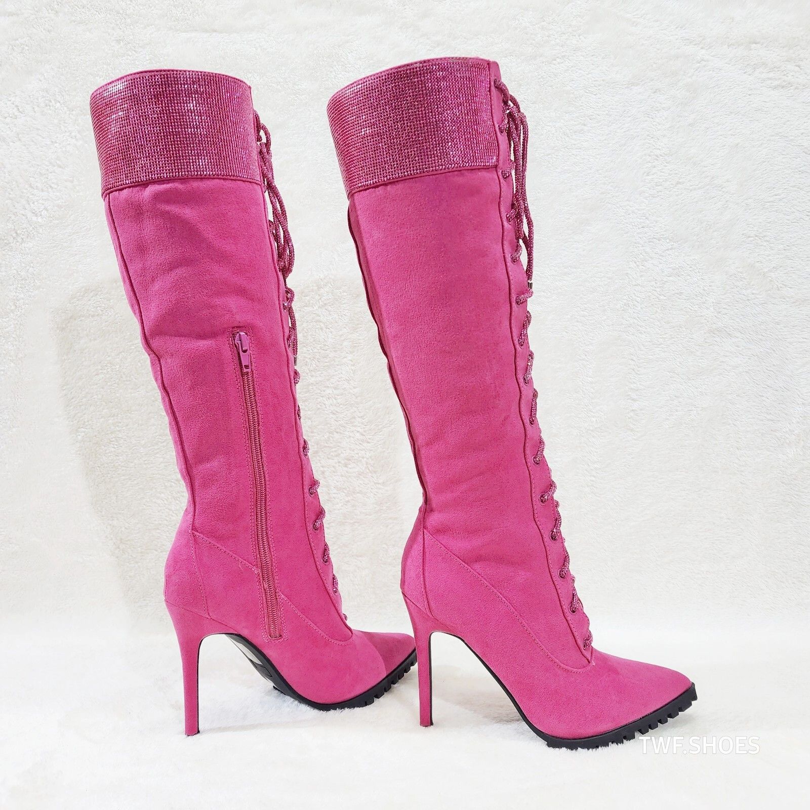 Other Queens Rhinestone Pointy Toe High Heels Stiletto Lace Up Kne Size US 9 / IT 39 - 2 Thumbnail