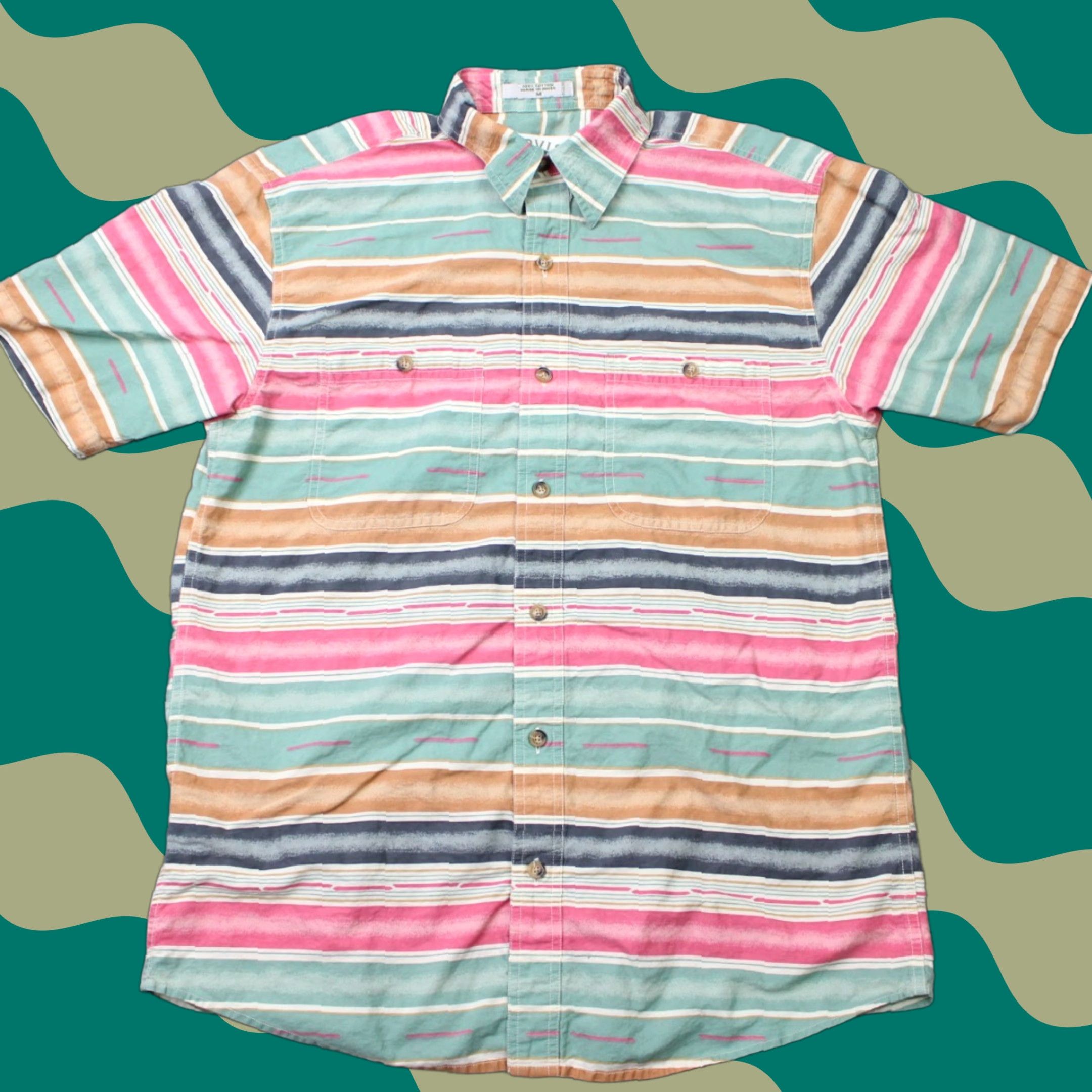 Orvis Orvis Shirt Mens Medium Green/Pink Striped 100% Cotton Short Sleeve Button-Up Shirt Size US M / EU 48-50 / 2 - 1 Thumbnail