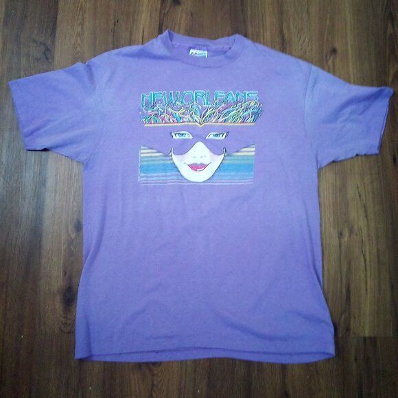 Hanes Vintage 80s New Orleans Mardi Gras Mask Masquerade T-Shirt Size US L / EU 52-54 / 3 - 2 Thumbnail