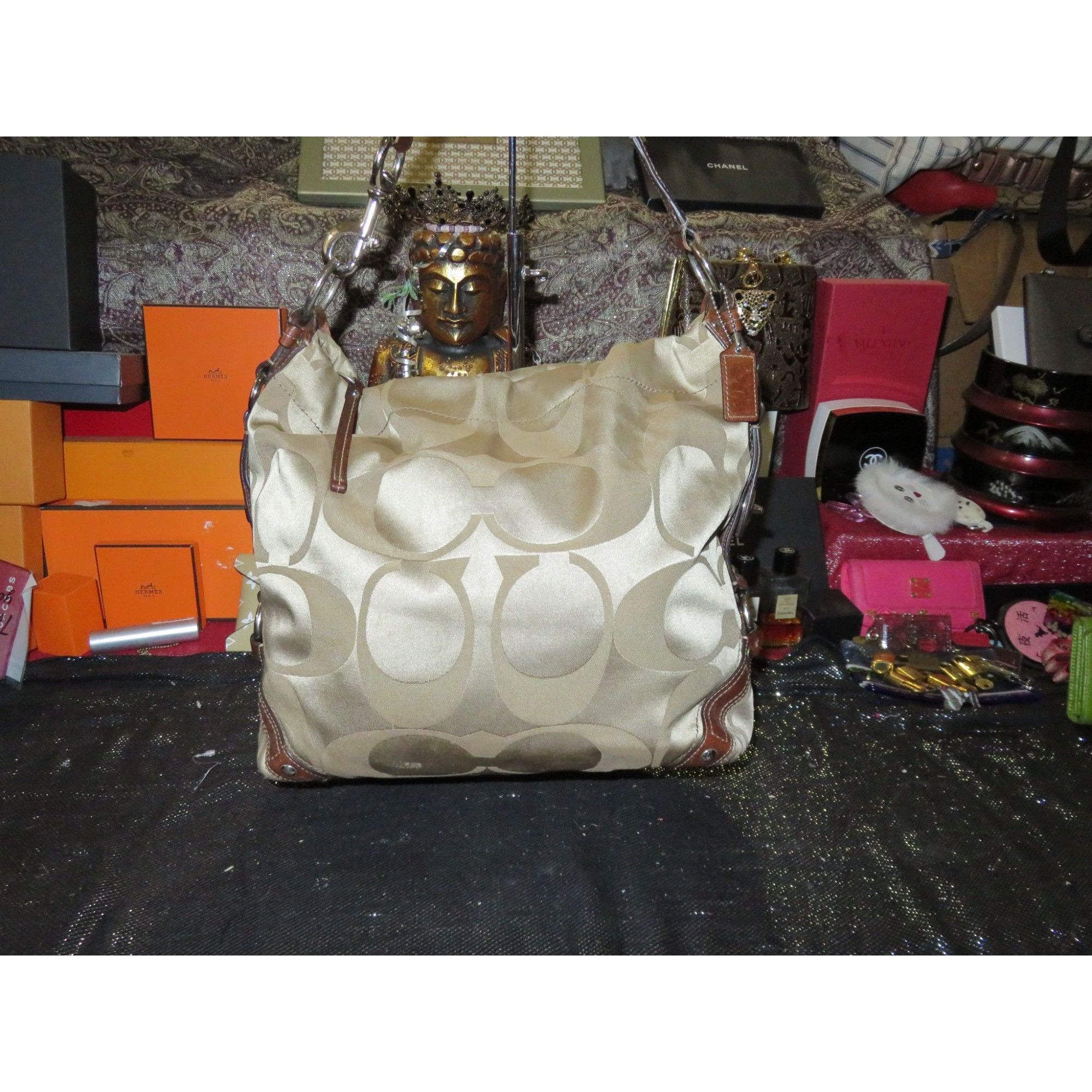 image of Coach Carly Optic Signature C Jacquard Sateen Leather Hobo B in Chocolate Brown/Khaki, Women's