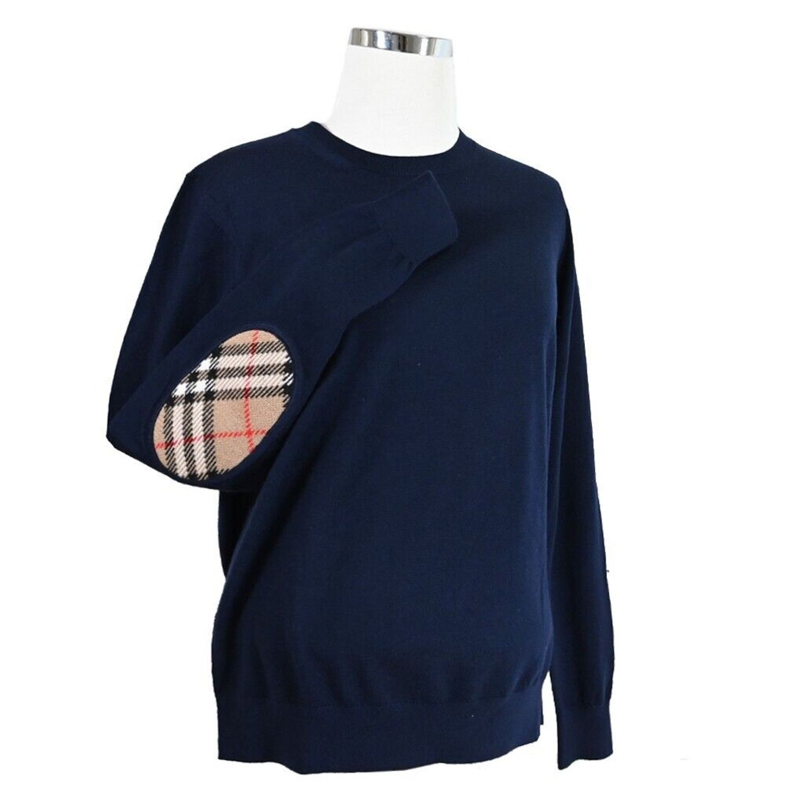 Burberry NEW BEMPTON DARK BLUE WOOL ELBOW CHECK PATCHES SWEATER S Size S / US 4 / IT 40 - 6 Thumbnail
