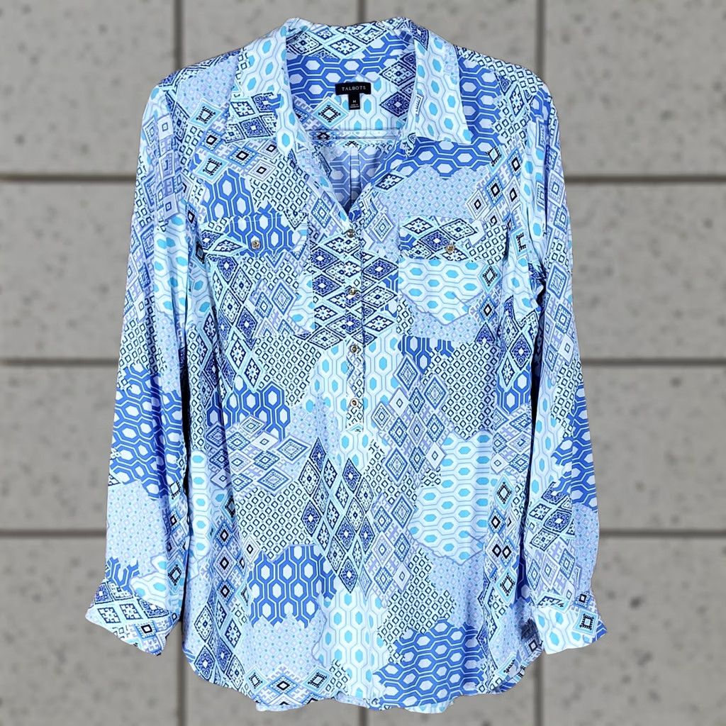 Talbots Talbots Shirt Womens Medium Blue White Geometric Tile Print Roll Down Button Tab Size M / US 6-8 / IT 42-44 - 1 Thumbnail