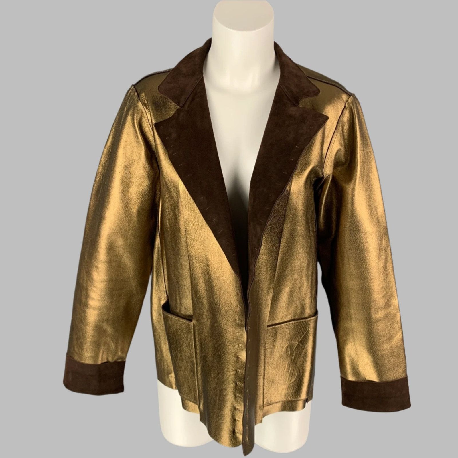 Yves Saint Laurent Size L Gold & Brown Leather Reversible Jacket Size L / US 10 / IT 46 - 1 Thumbnail