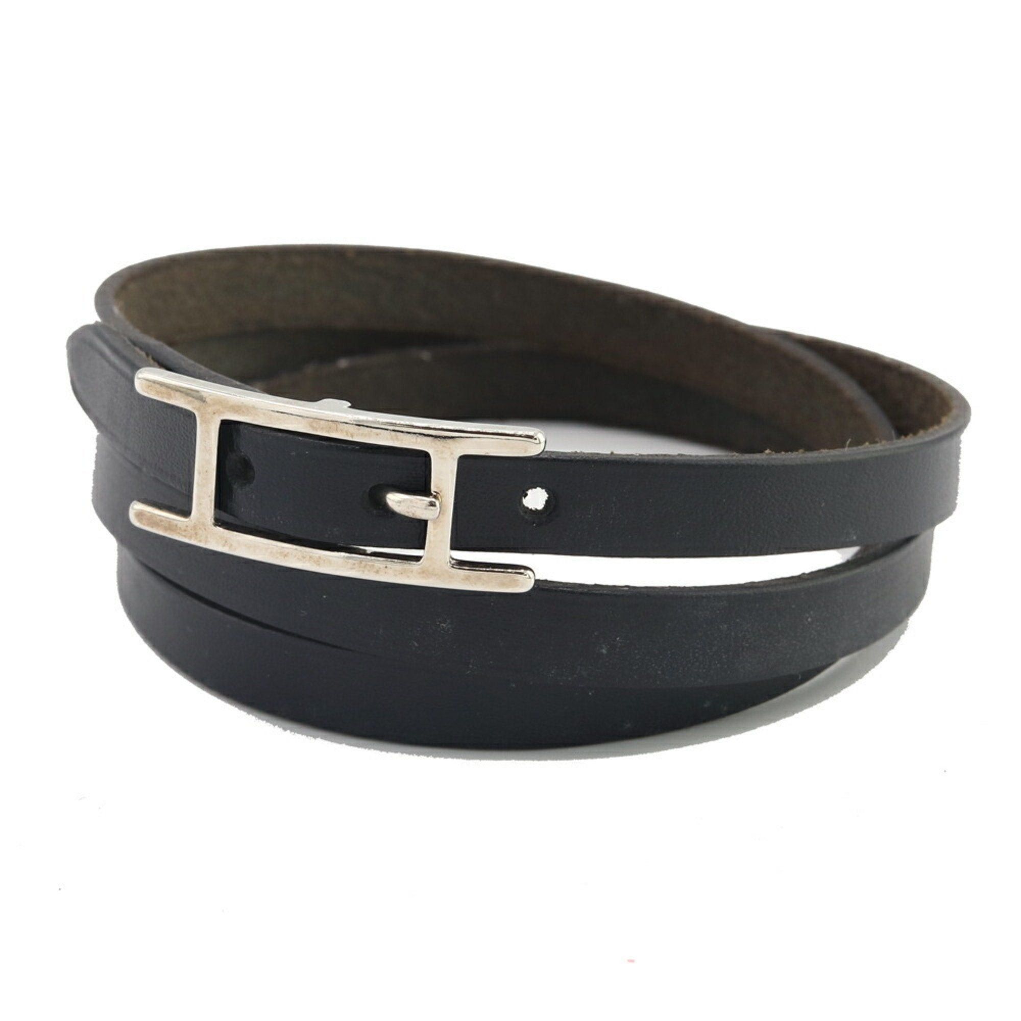 image of Hermes Bracelet Api Iii Black Leather Bangle 3 Rows Men Women