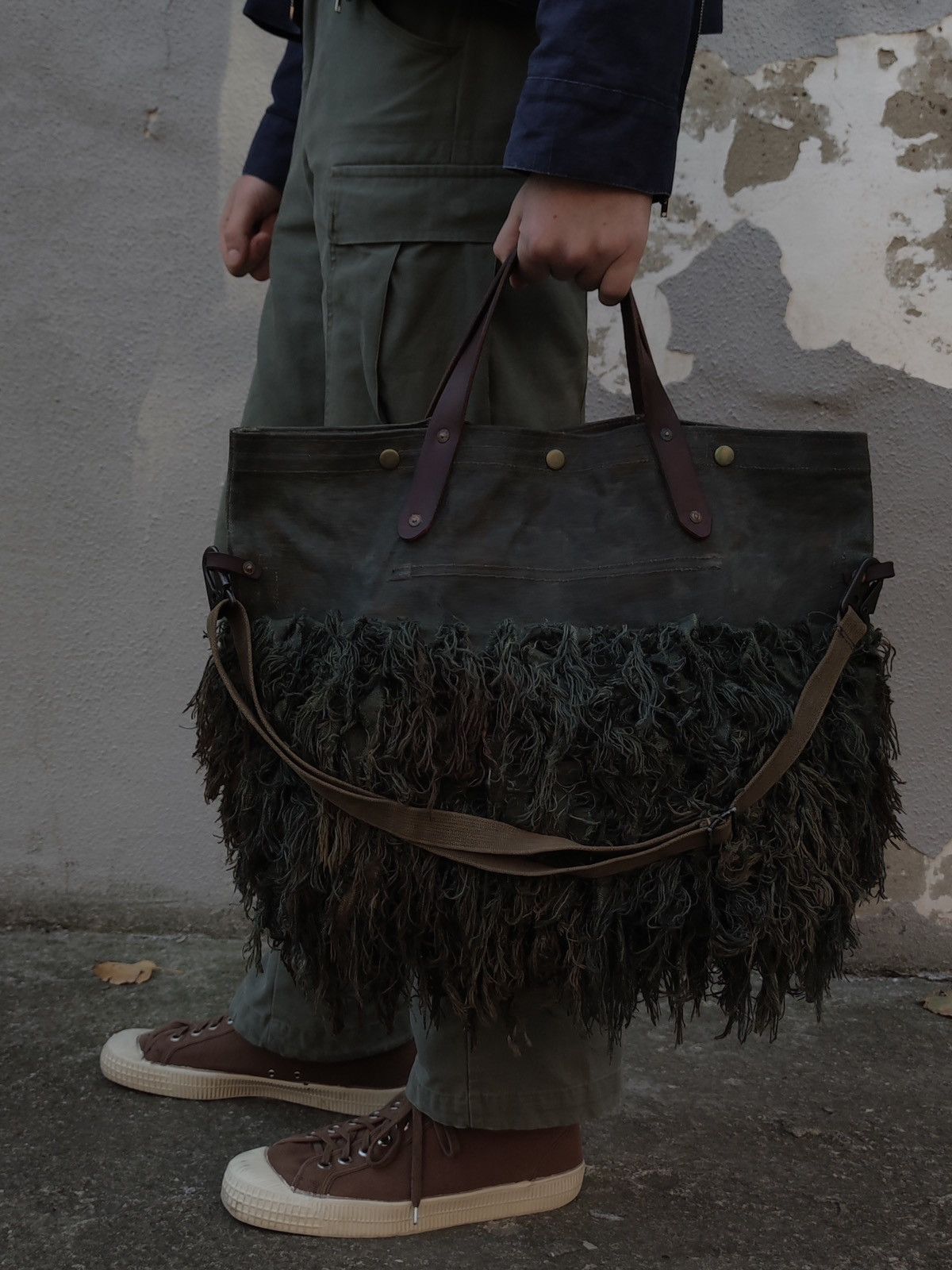 Handmade Reworked Waxed Heavy Canvas Crossbody Tote Bag Vintage Army Size ONE SIZE - 1 Thumbnail