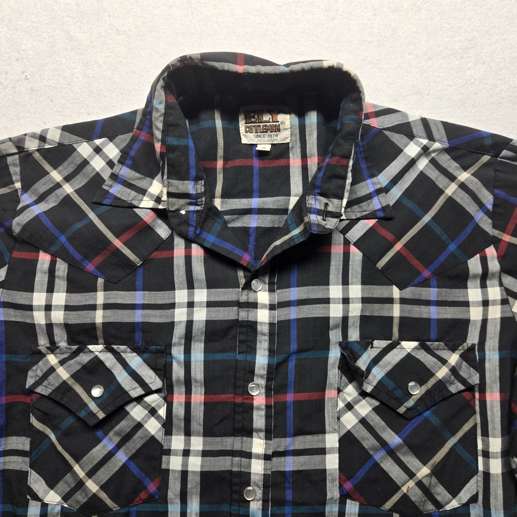 Vintage VINTAGE Ely 1878 Shirt Western Cowboy Rodeo Pearl Snap Black Plaid Long Sleeve M Medium Black Cotton Button-Up Shirt Mens Size US M / EU 48-50 / 2 - 2 Thumbnail