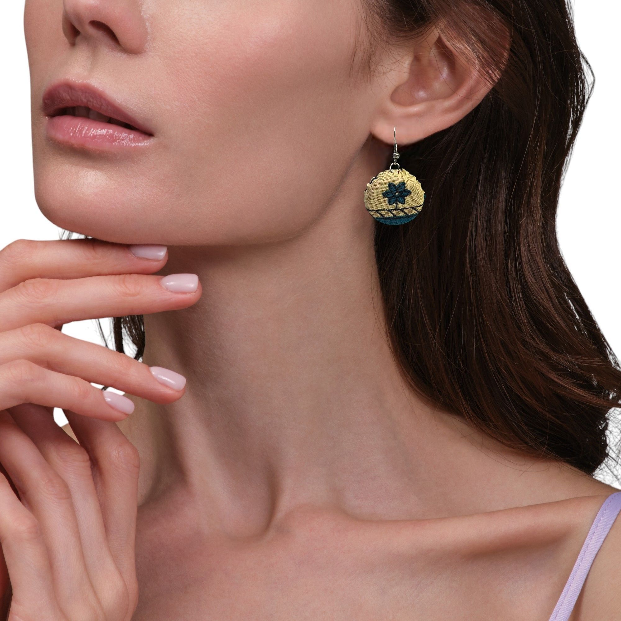 Vintage Handcrafted Round Fabric Earrings With Floral Pattern & Hook Size ONE SIZE - 2 Thumbnail