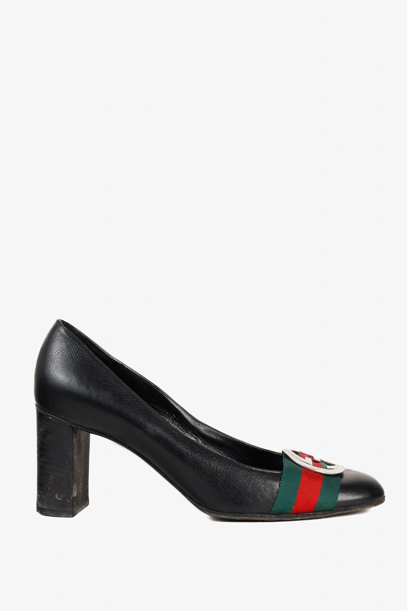 Gucci Black Leather Signature Webbing Logo Round-Toe Pumps