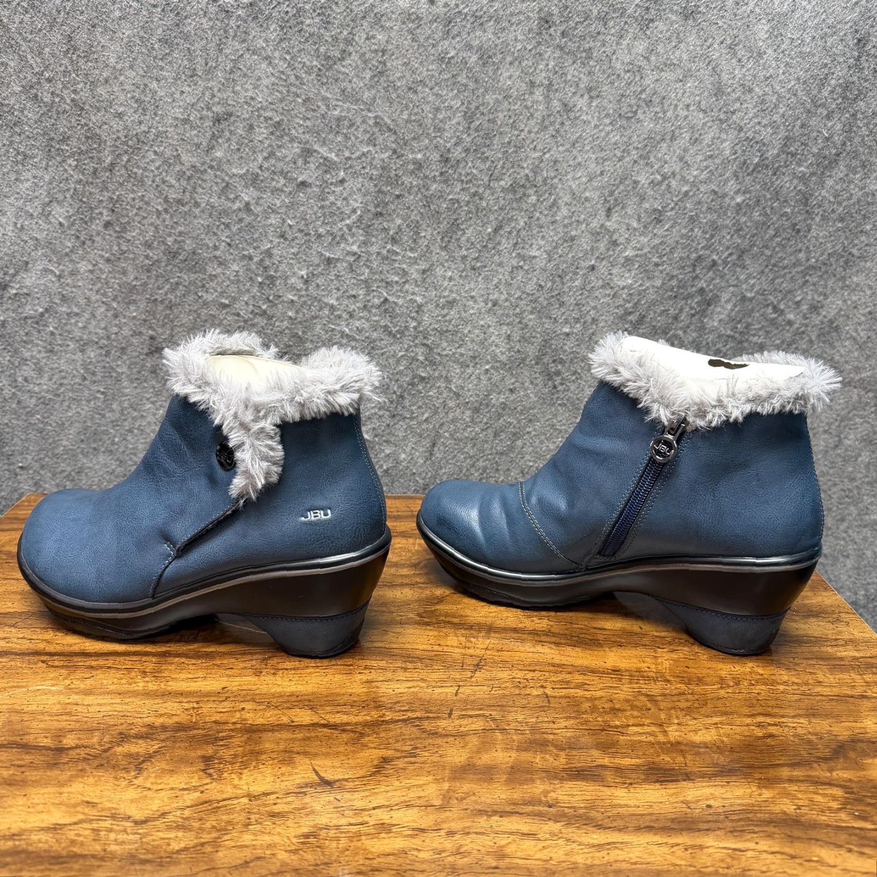 JBU Mesa Boots Women 7.5 Midnight Navy Faux Fur Wedge Booties Vegan Memory Foam Casual Winter