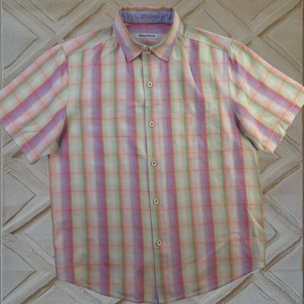 Tommy Bahama Button-Up Shirt Mens Medium Multicolor Plaid Short Sleeve Silk Casual Beach Hawaiian Classic, Men's