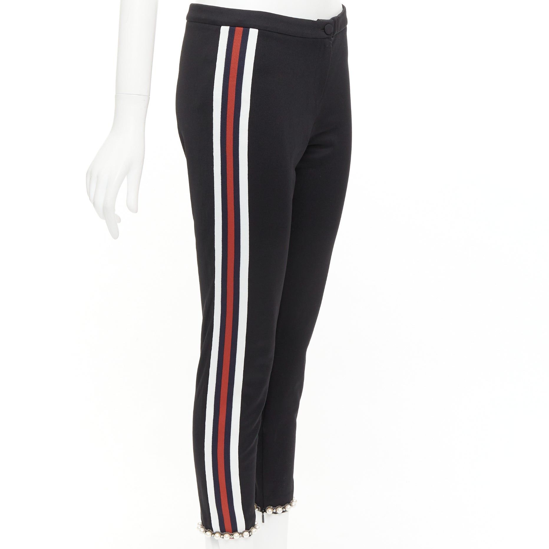 Gucci GUCCI black red pearl embellished hem webbing trims jogger pants S Size 27" / US 4 / IT 40 - 1 Thumbnail