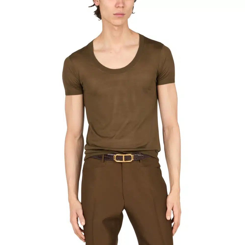 Tom Ford o1loc1c0425 KCS015 Silk Cotton Deep Round Neck T-Shirt Brown Size US L / EU 52-54 / 3 - 2 Thumbnail