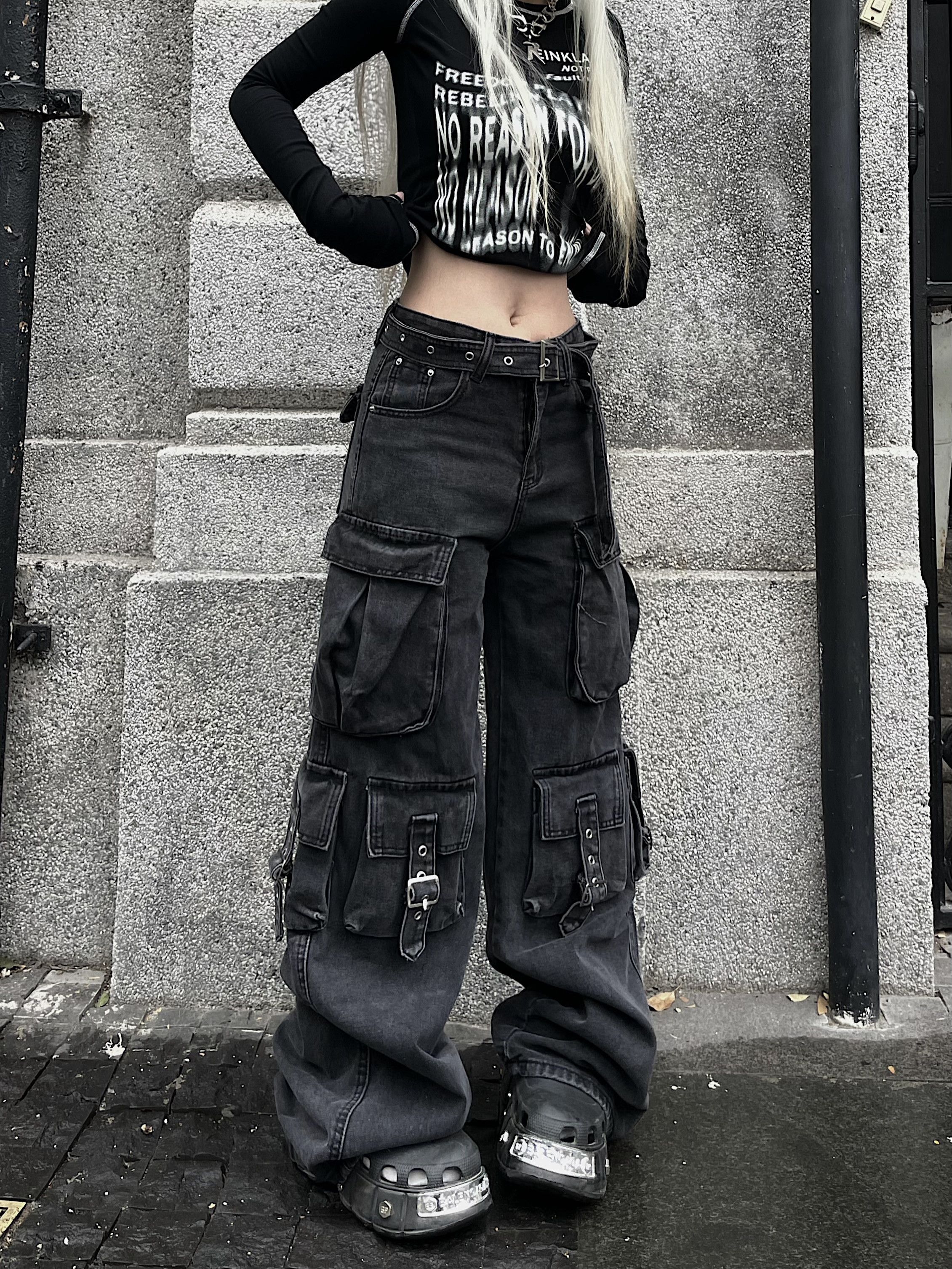 Black Multi Pocket Cargo Denim Jeans with Straps