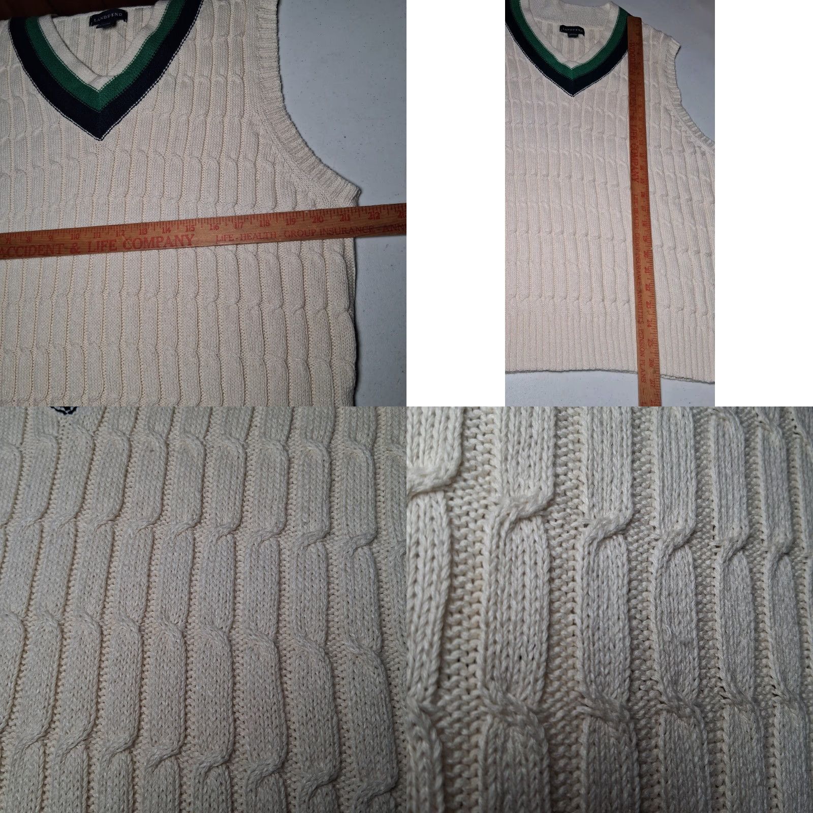 Lands' End Lands' End Sweater Vest Men L V-Neck Cable Knit Ivory Academia Preppy Linen Blend Vest, Nautical, OLD MONEY, Regular Fit, Cotton/Linen, Ivory, Mens Size US L / EU 52-54 / 3 - 8 Thumbnail