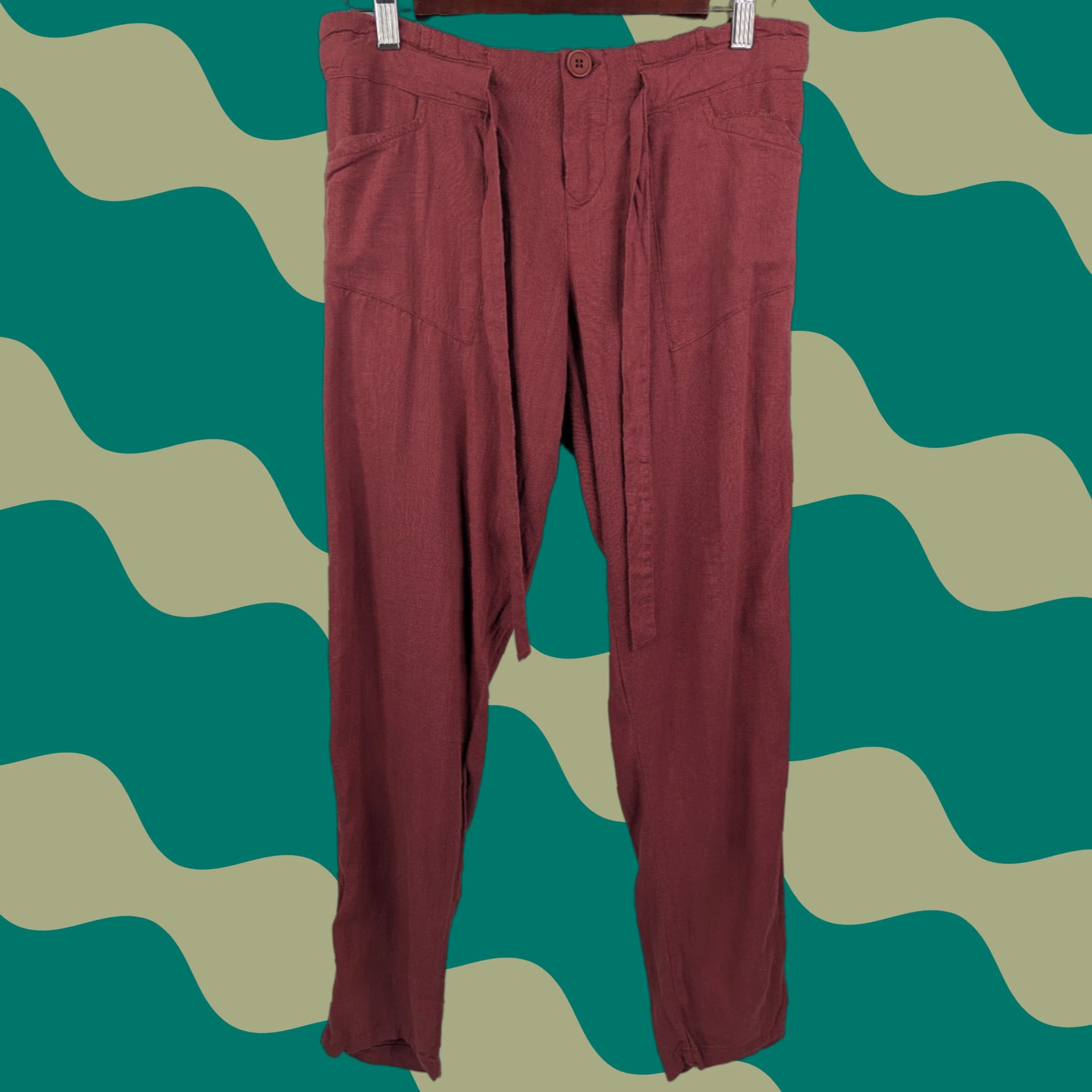 Vintage Cali 1850 Womens Medium Pants Red Linen Pull On Elastic Waist Tie Waist Summer Capri Pockets Crop Straight Size 32" / US 10 / IT 46 - 1 Thumbnail