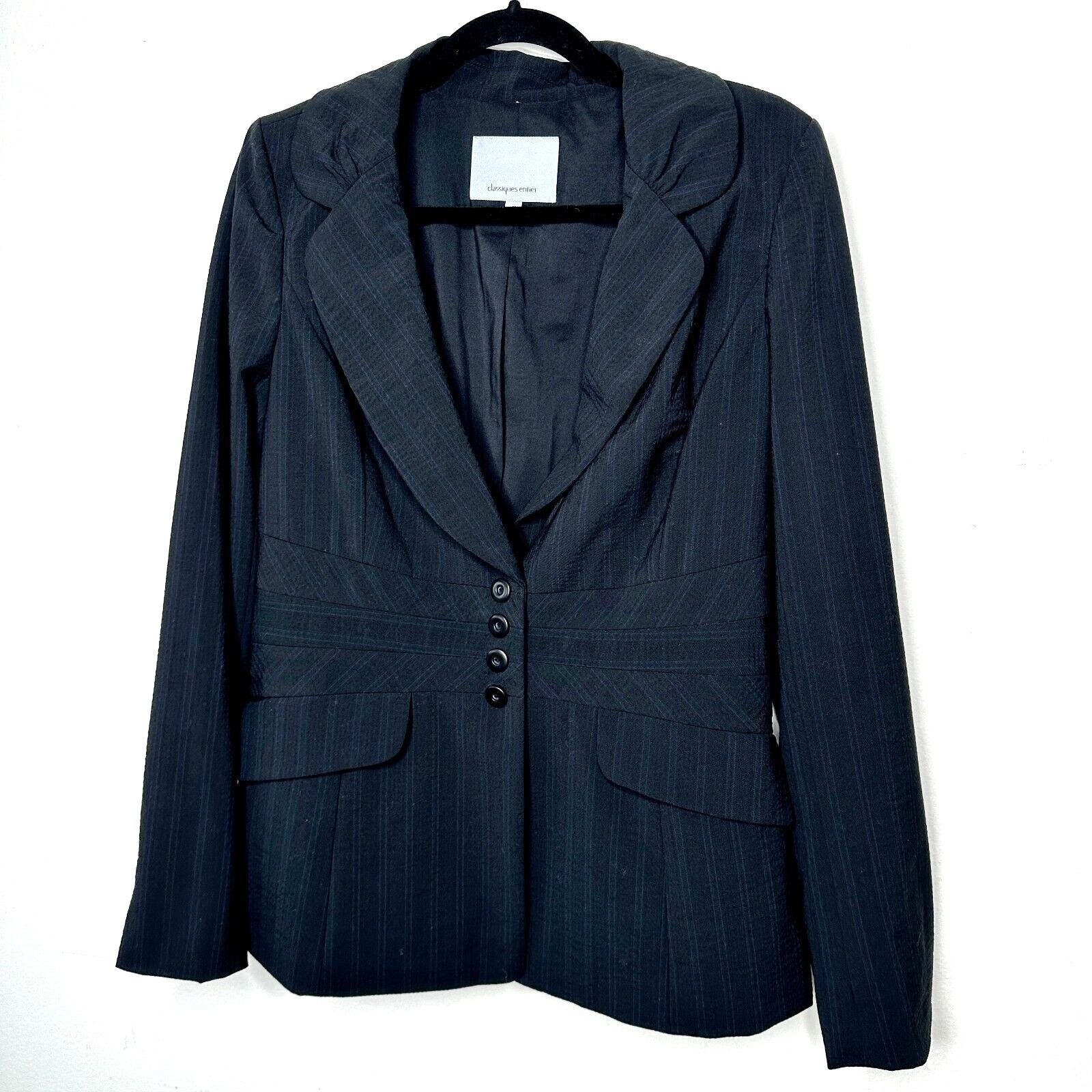 Other Classiques Navy Blue Pinstripe Peplum Waist Wool Blazer 10 Size L / US 10 / IT 46 - 2 Thumbnail