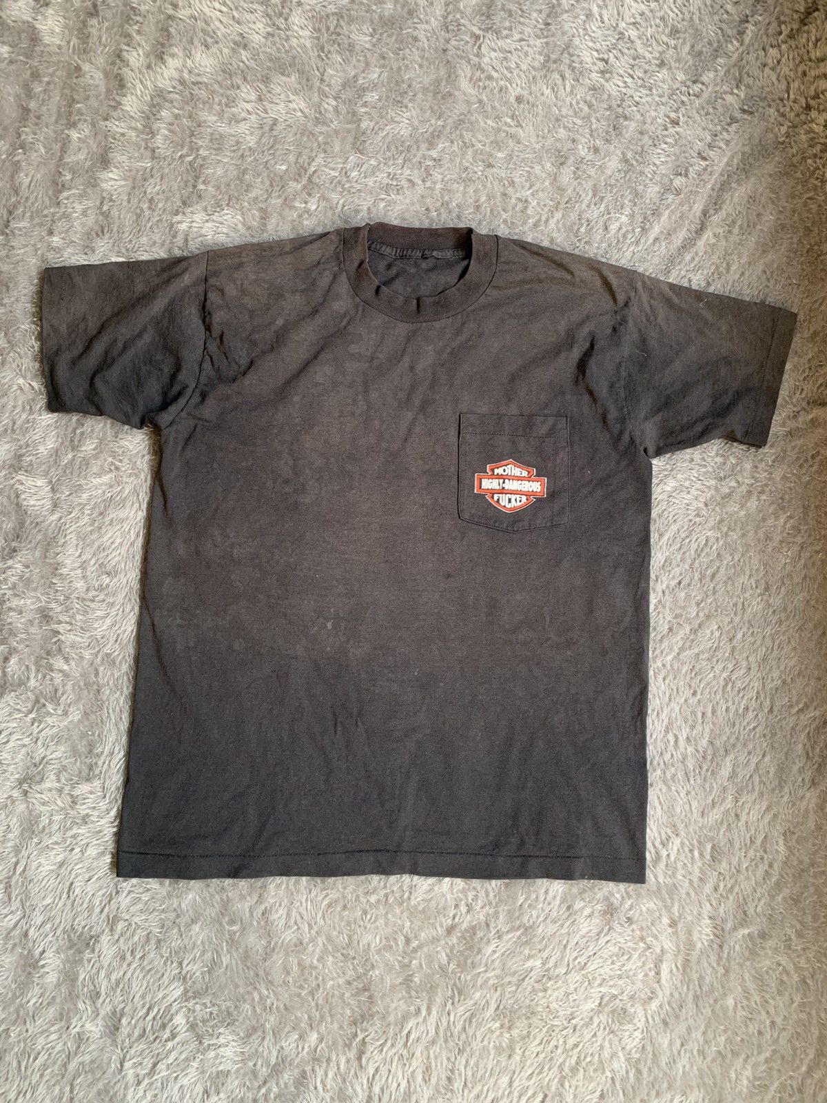 image of Trashed 90's Sunfade Harley Davidson Pocket Tee in Black, Men's (Size Large)