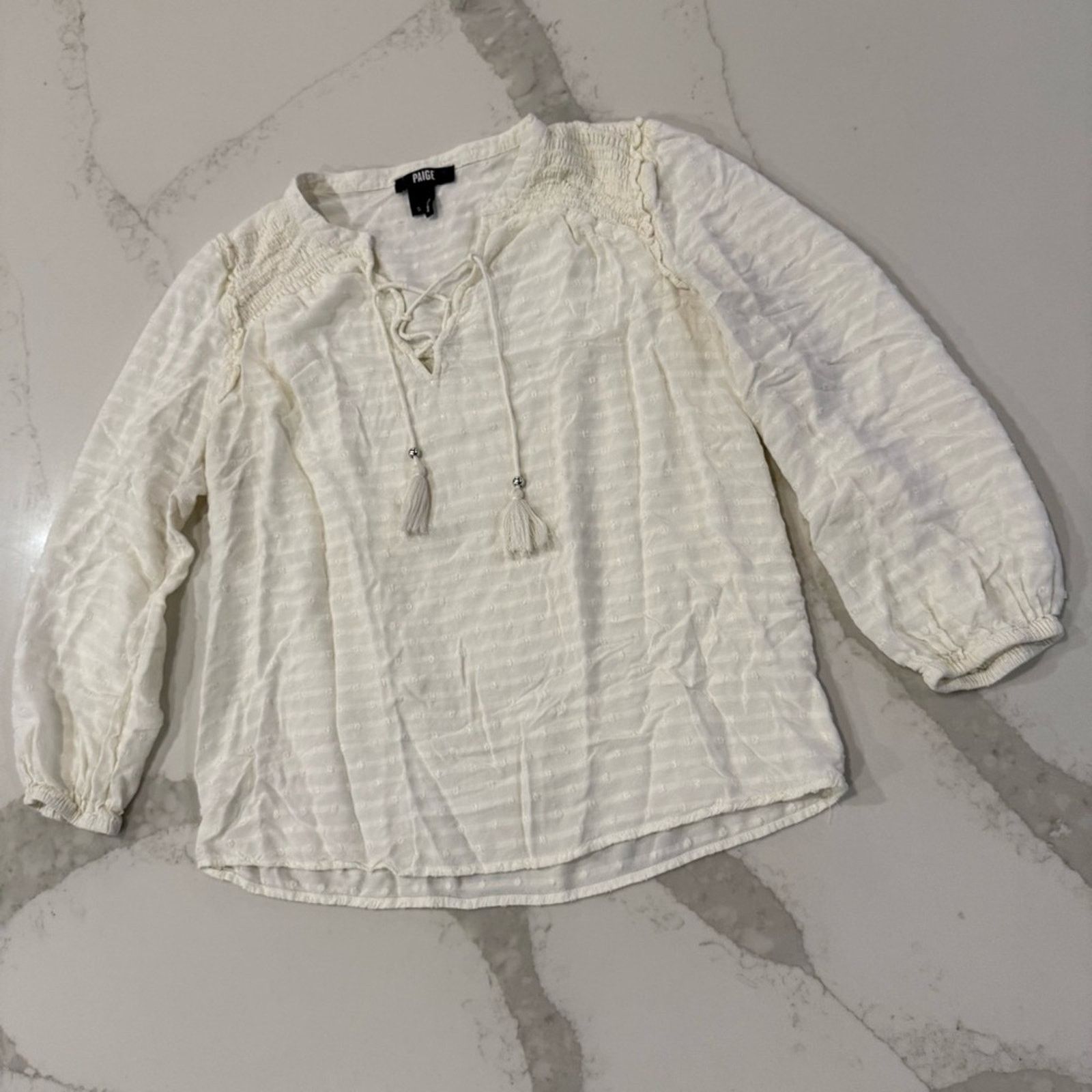 Paige PAIGE Textured Swiss Dot Peasant Blouse Women’s Small Ivory Size S / US 4 / IT 40 - 2 Thumbnail