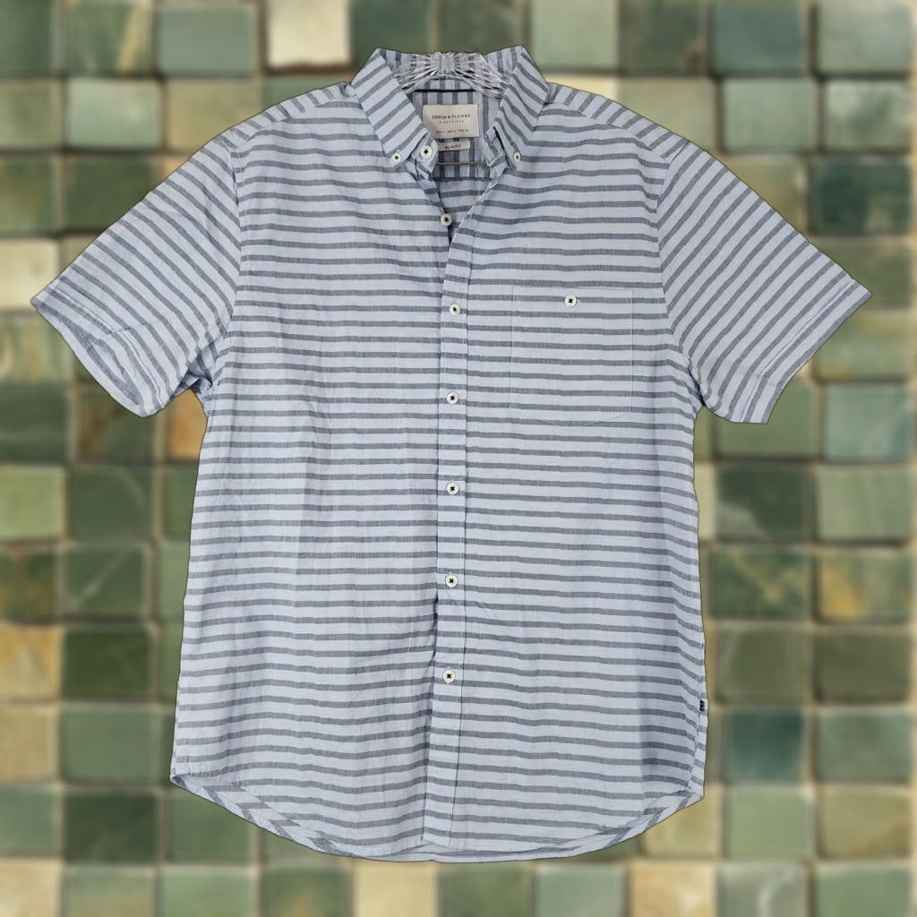 Denime DENIM & FLOWER Shirt Men Blue Striped Short Sleeve Button-Up Size L Regular Floral Theme Size US 33 - 1 Thumbnail