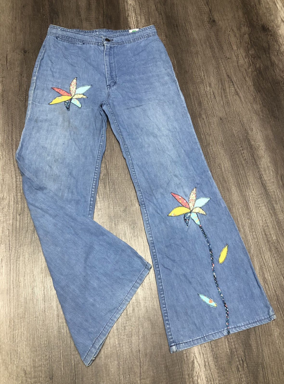 Hysteric Glamour × Vintage Vintage Miss Texwood Flared Jeans Flower Patches Design Size 29" - 4 Thumbnail