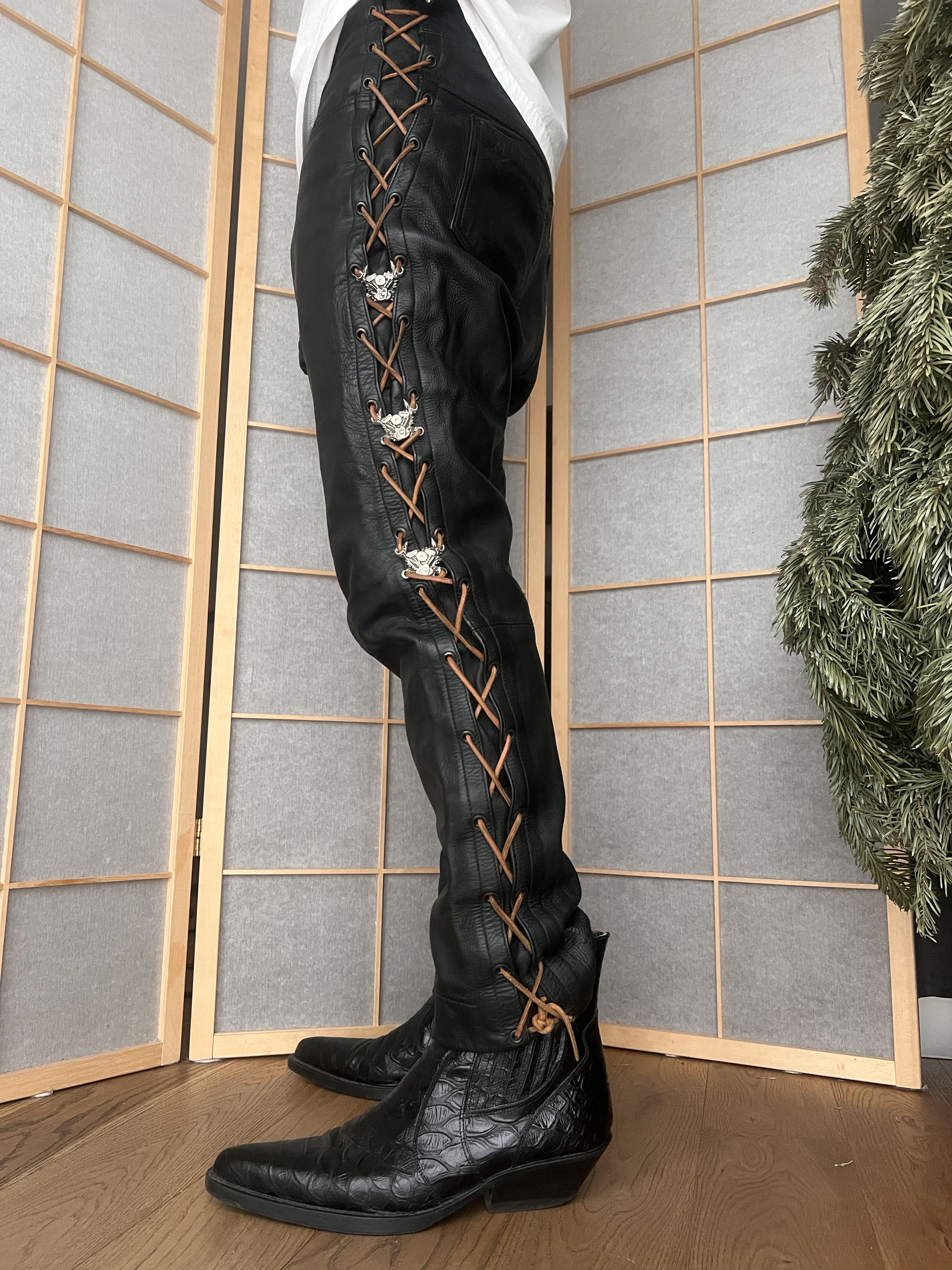 Hysteric Glamour SICK! Real leather vtg lace up pants cowboy core opium biker Size US 34 / EU 50 - 11 Thumbnail