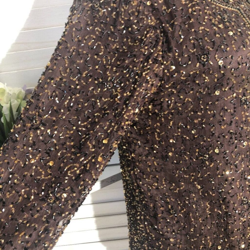 Vintage 100% silk beaded sequined brown blazer long sleeves blouse S Size XS / US 0-2 / IT 36-38 - 4 Thumbnail