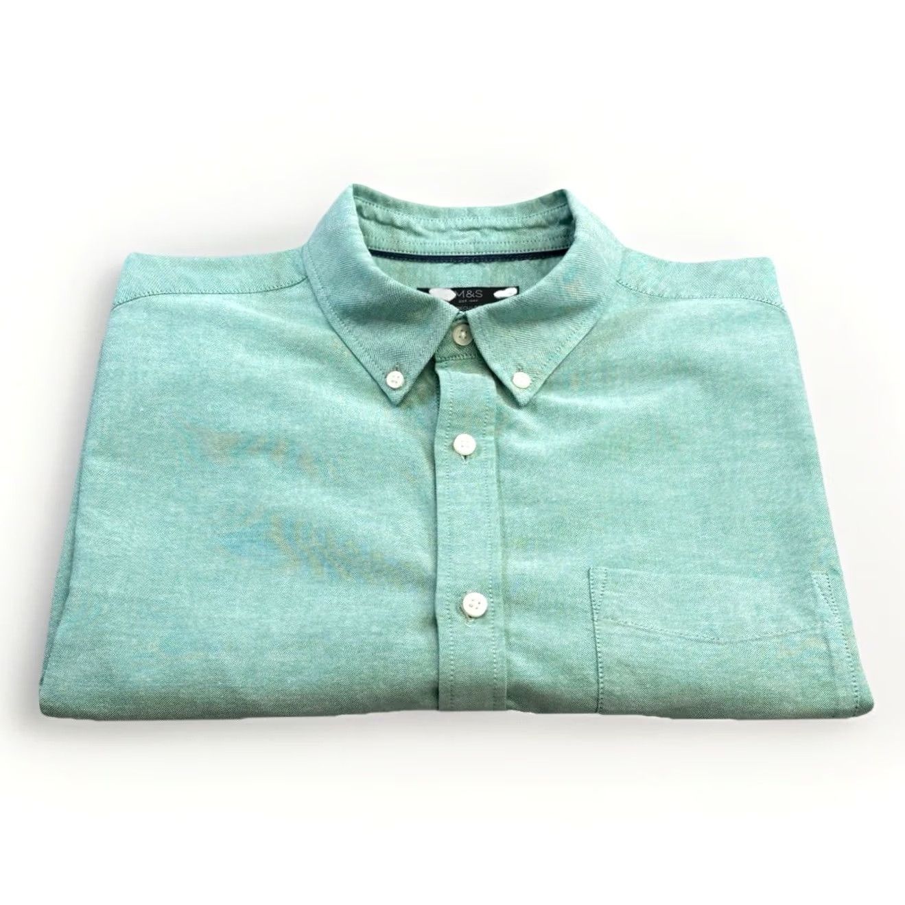 Marks & Spencer M&S Shirt Large Mens Sea Green Button-Down Short Sleeve Chest Pocket Vgc Summer Size US L / EU 52-54 / 3 - 2 Thumbnail