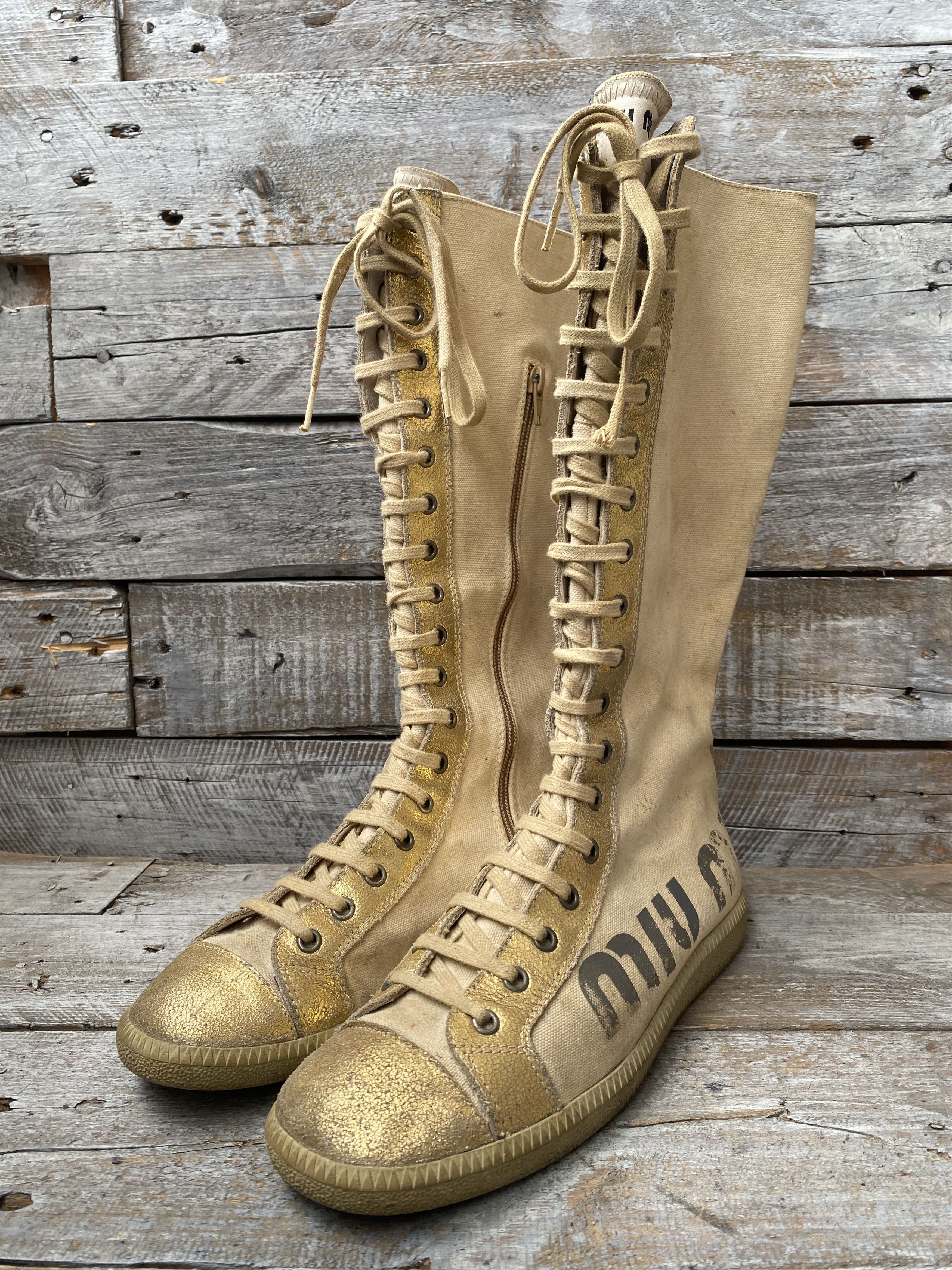Miu Miu Vintage 90's Miu miu boxing canvas gold sneakers sz38,Y2k Size US 8 / IT 38 - 2 Thumbnail