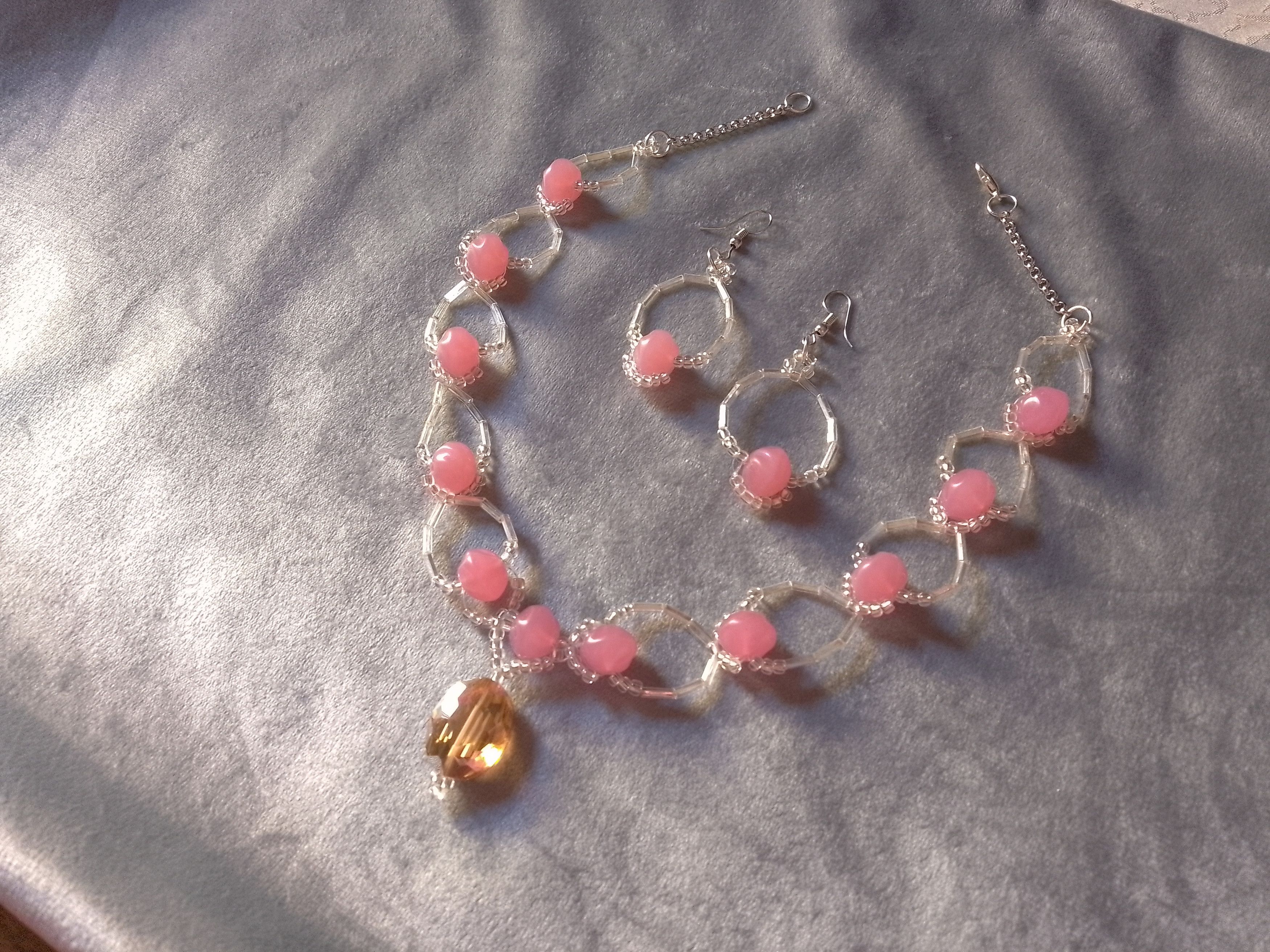 Handmade Necklace Pink Resin Stones Crystal Pendant. Earrings Size ONE SIZE - 8 Thumbnail