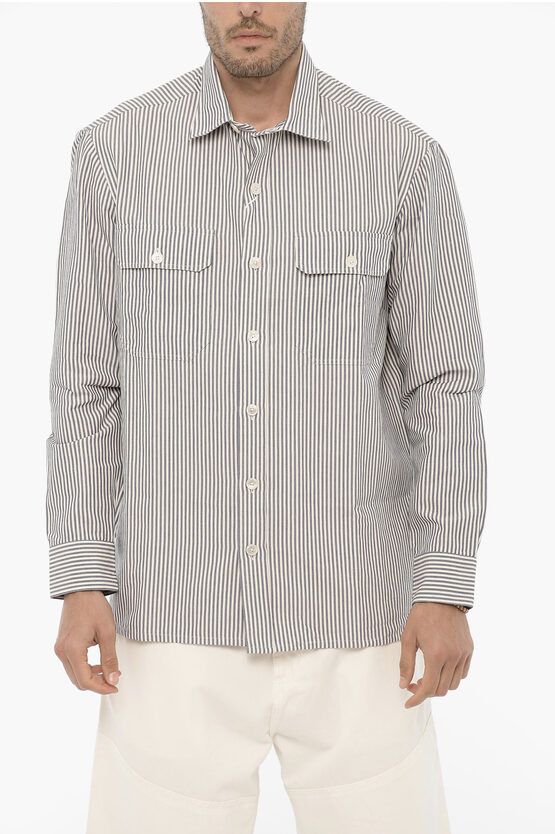 image of Salvatore Piccolo Two-Tone Striped Nico Shirt With Double Breast Pocket in Blue, Men's (Size Small)