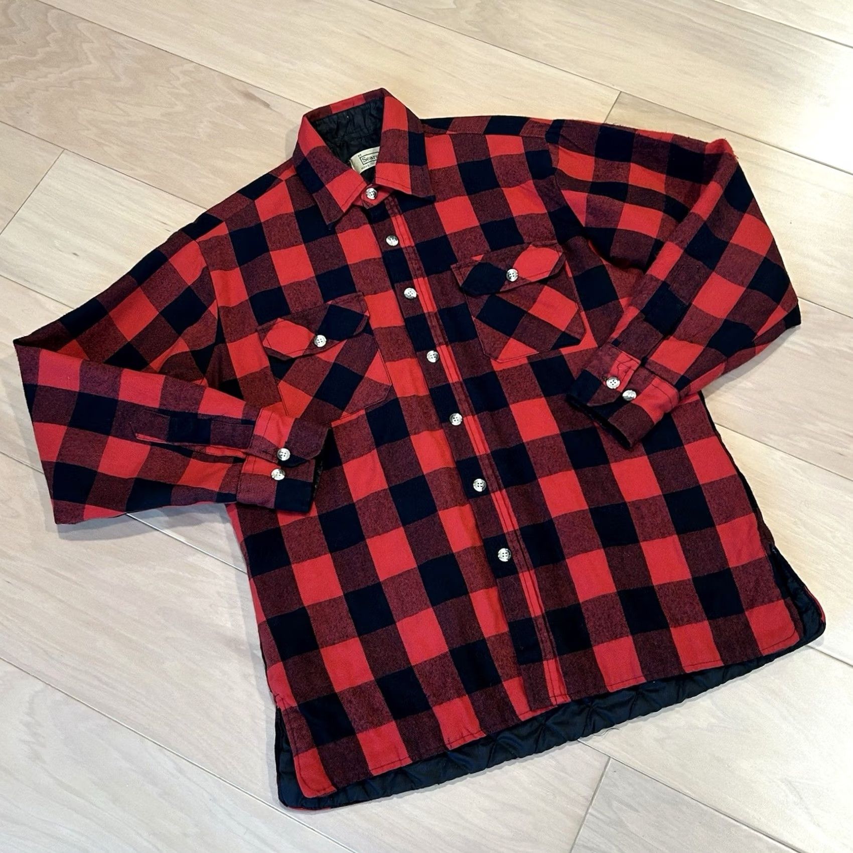 Sears VINTAGE Sears Quilted Lined Flannel Shacket Buffalo Plaid Shirt Jacket M Men Red/Black 90s Size US M / EU 48-50 / 2 - 2 Thumbnail