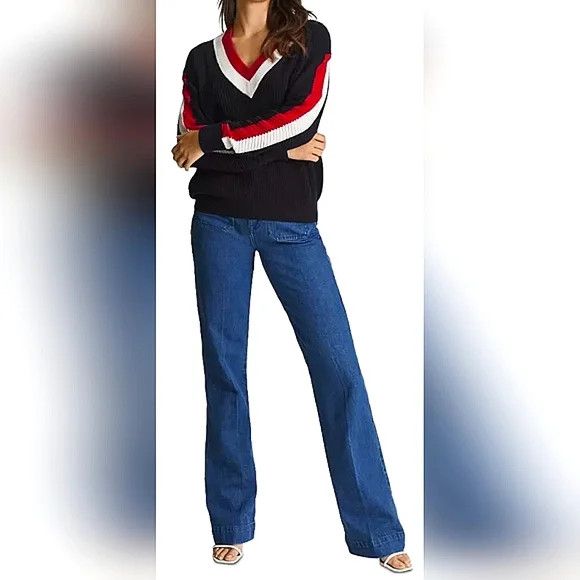 Reiss Cora Colorblock Cricket Wool Blend V-Neck Sweater Size S / US 4 / IT 40 - 5 Thumbnail