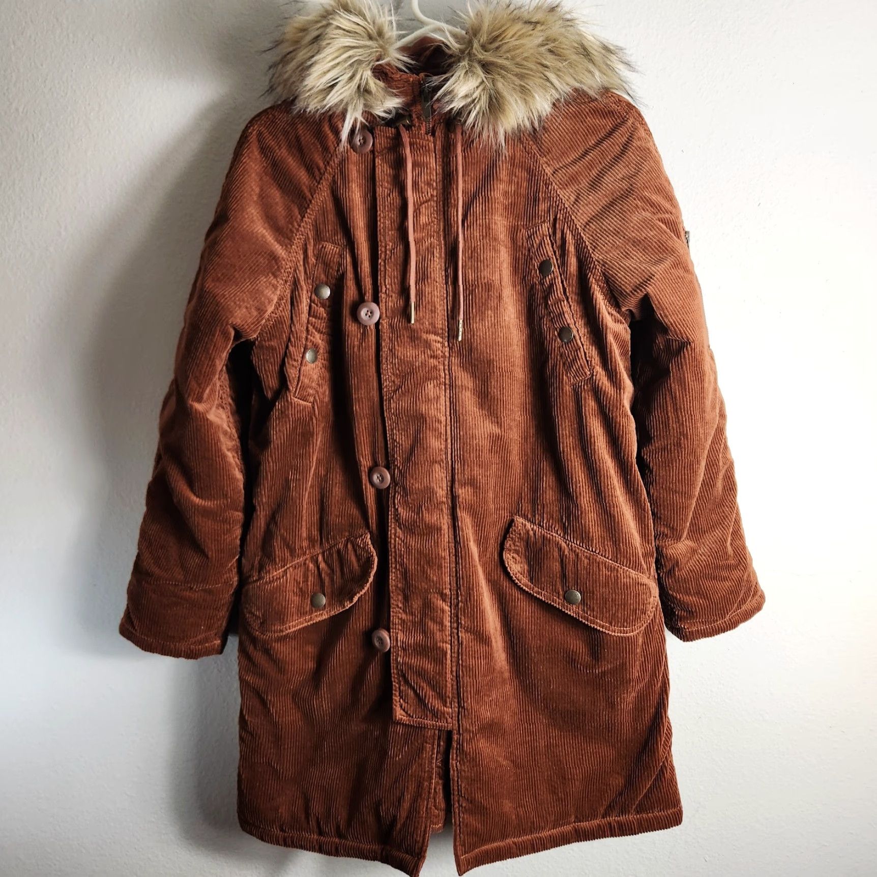 American Eagle Outfitters American Eagle Womens |XS| Rust Orange Corduroy Hooded Parka Jacket Coat Size XS / US 0-2 / IT 36-38 - 2 Thumbnail
