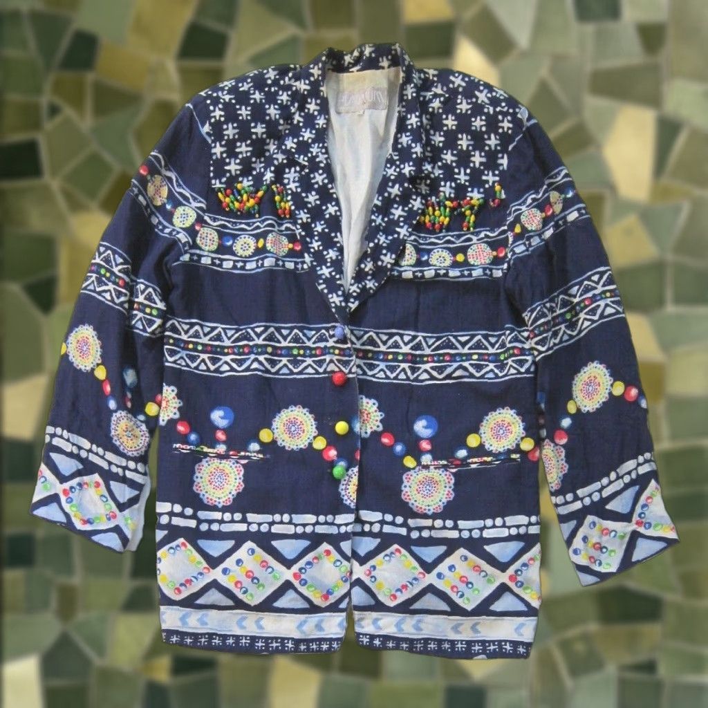 Vintage VINTAGE Platinum Dorothy Schoelen Blue Yellow Beaded Lagenlook Blazer Jacket Women Large Size L / US 10 / IT 46 - 1 Thumbnail