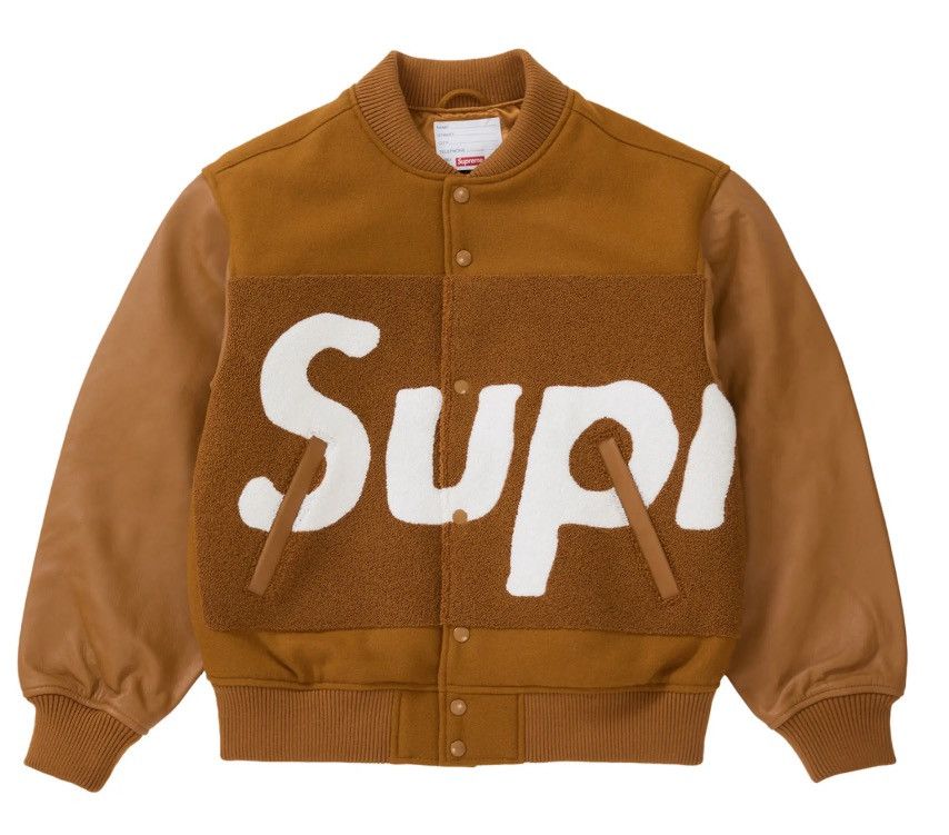 image of Supreme Big Logo Chenille Varsity Jacket in Mustard, Men's (Size XL)