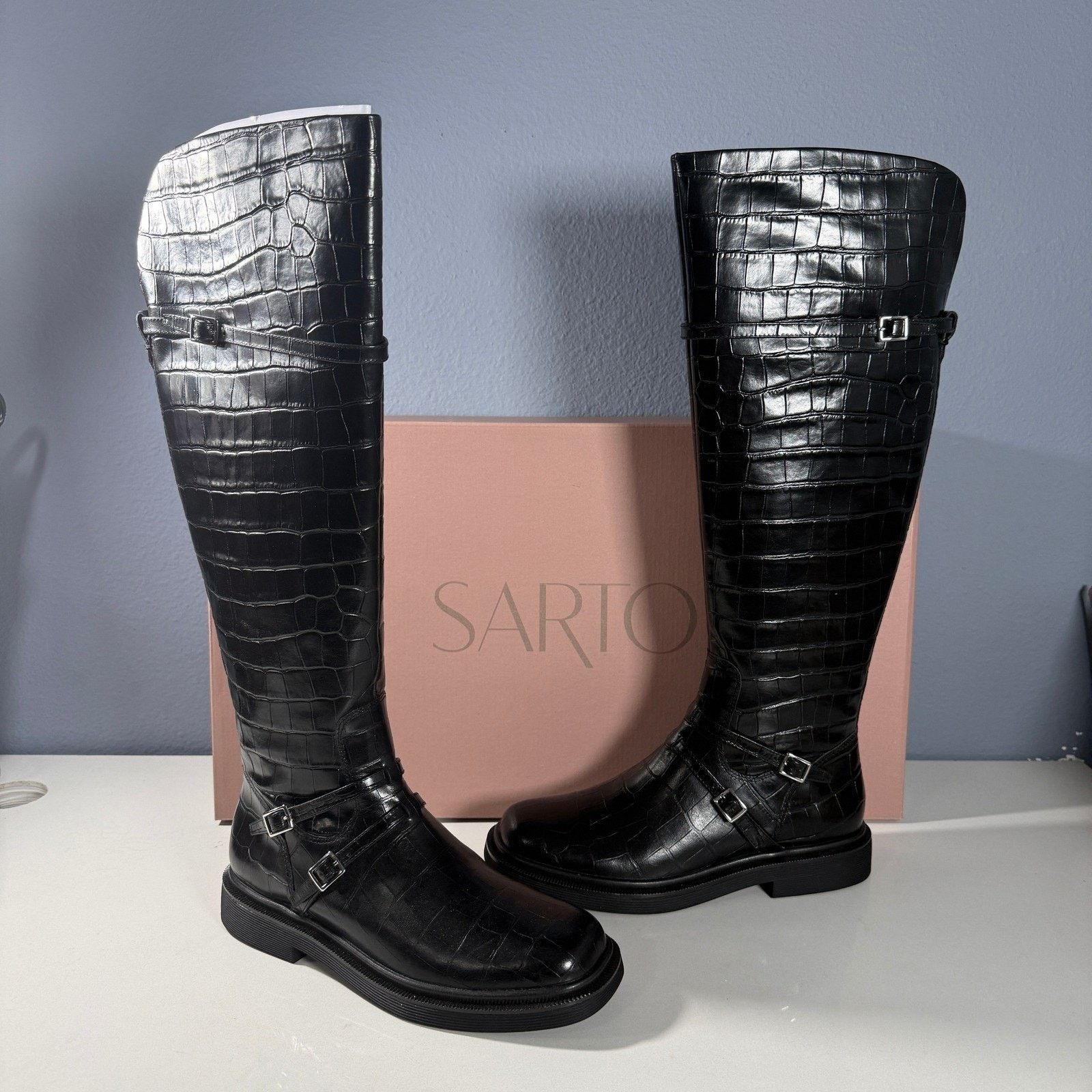 Franco Sarto SARTO by Franco Sarto Black Croc Embossed Leather Boots Size US 8 / IT 38 - 1 Thumbnail