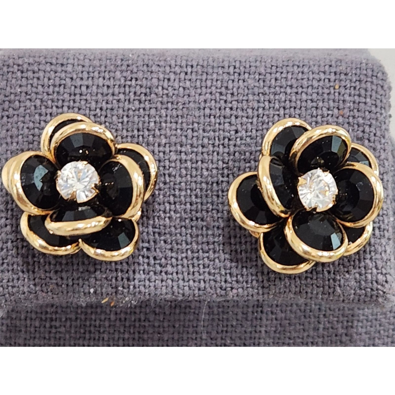 Other Black Gold Rhinestone Flower Shape Stud Earrings 1" Width Size ONE SIZE - 1 Thumbnail