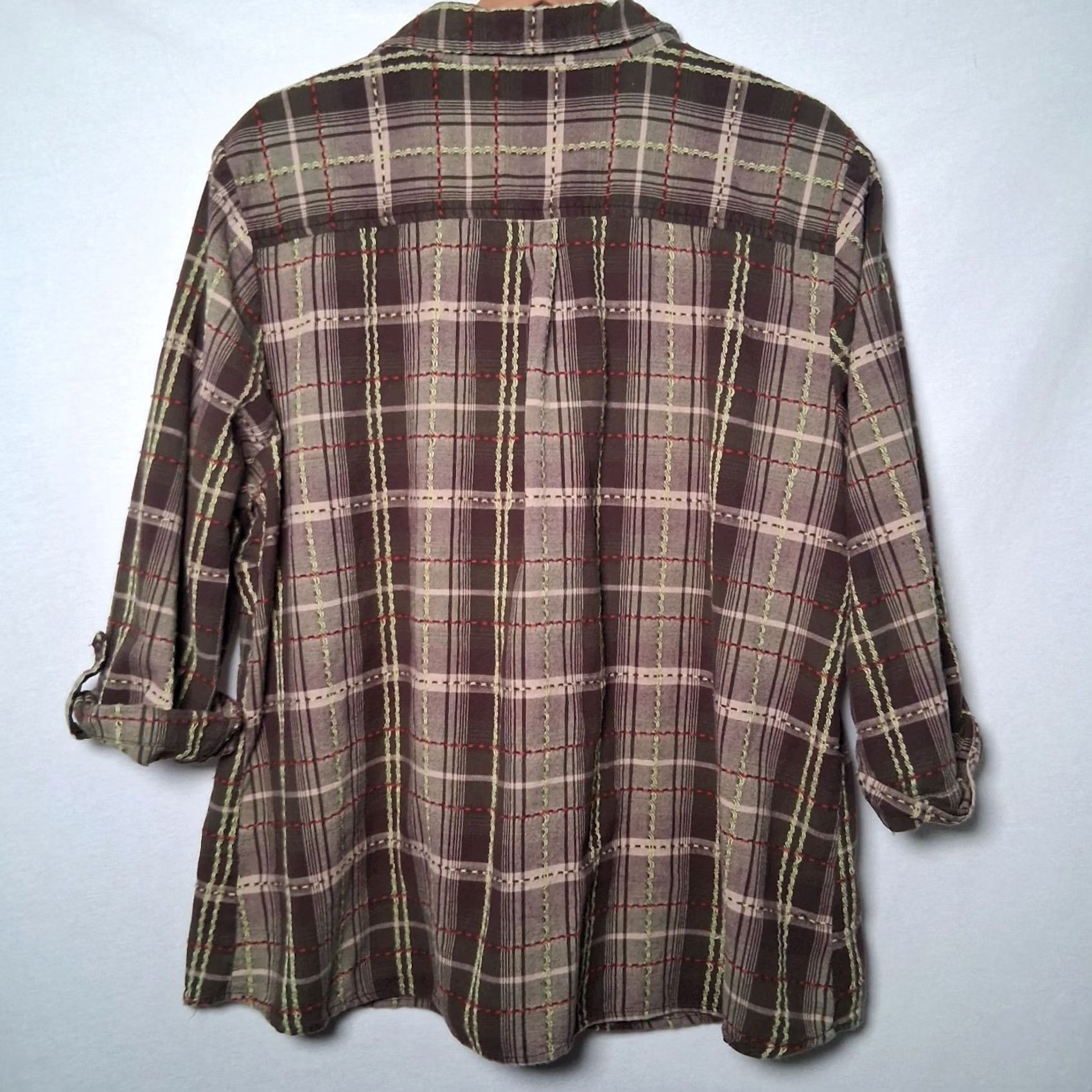 Vintage VINTAGE Dressbarn Blouse Women Plus Size 22/24 Green Plaid V-Neck 3/4 Sleeve Pocket Lagenlook Quilted Pullover Top Ladies Size 3XL / US 20-22 - 2 Thumbnail