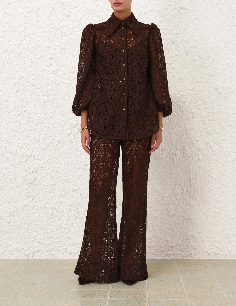 Zimmermann oc11z0925 Illustration Lace Flare Pant in Chocolate Brown Size 27" / US 4 / IT 40 - 2 Thumbnail