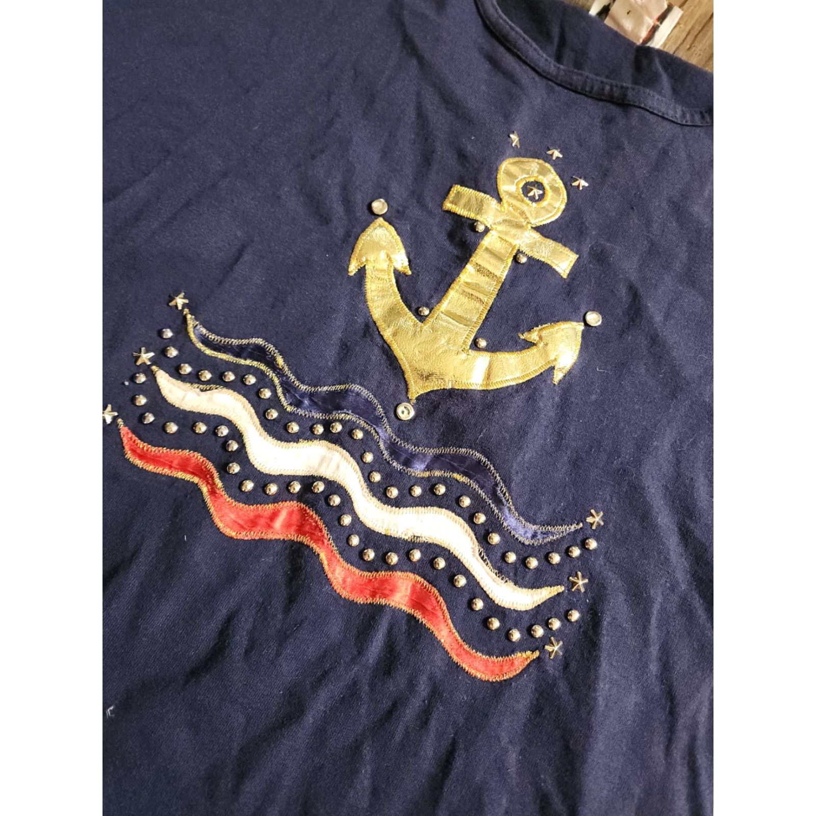 Nautica VINTAGE Womens XL Blue Nautical T Shirt Anchor Patriotic Embellished Size XL / US 12-14 / IT 48-50 - 2 Thumbnail