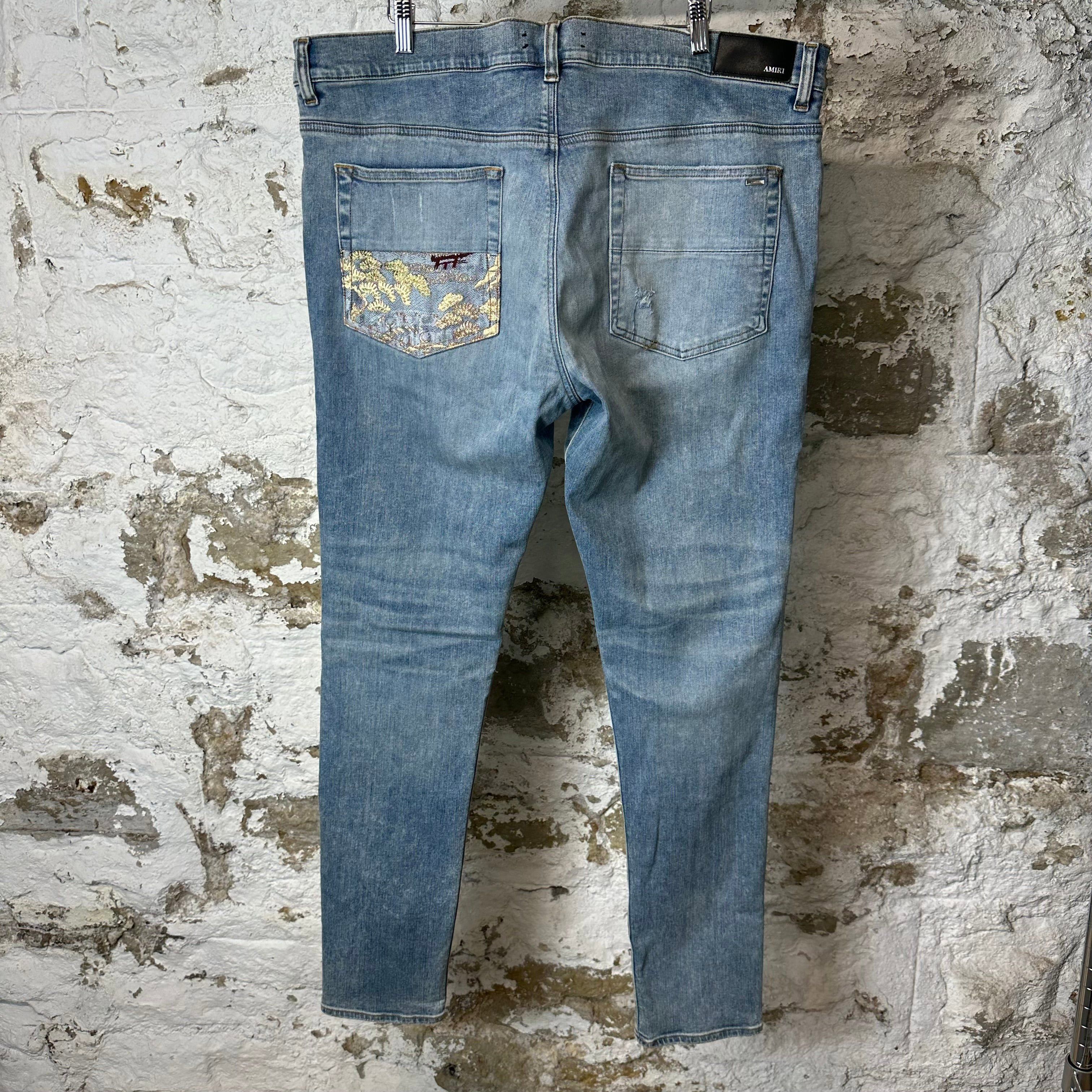 Amiri Amiri MX1 Maroon Gold Patch Blue Denim Jeans Sz 40 Size US 40 / EU 56 - 2 Thumbnail