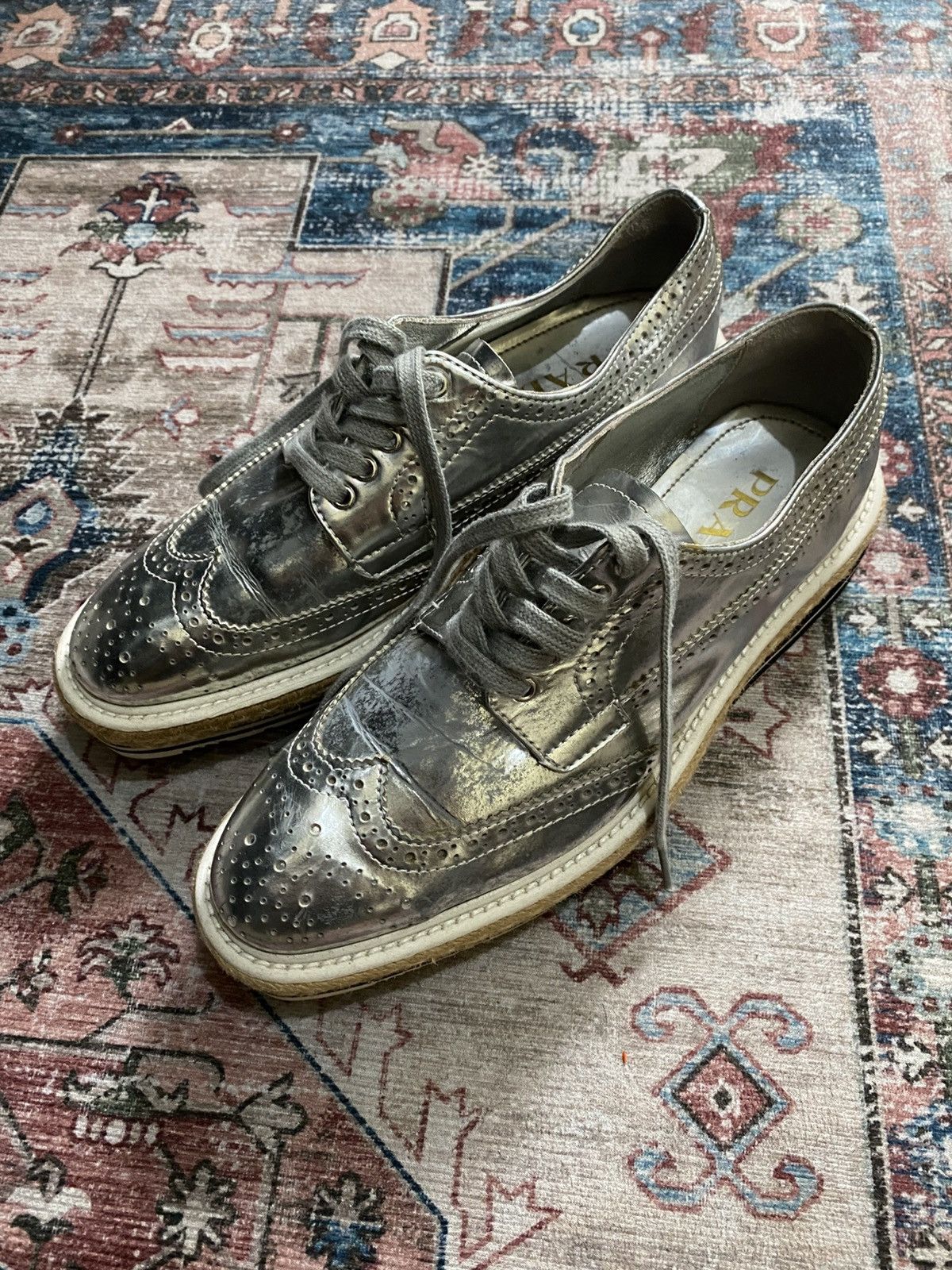 Prada Prada Platform Lace Up Silver Brogues Wedges Size US 9 / IT 39 - 1 Thumbnail
