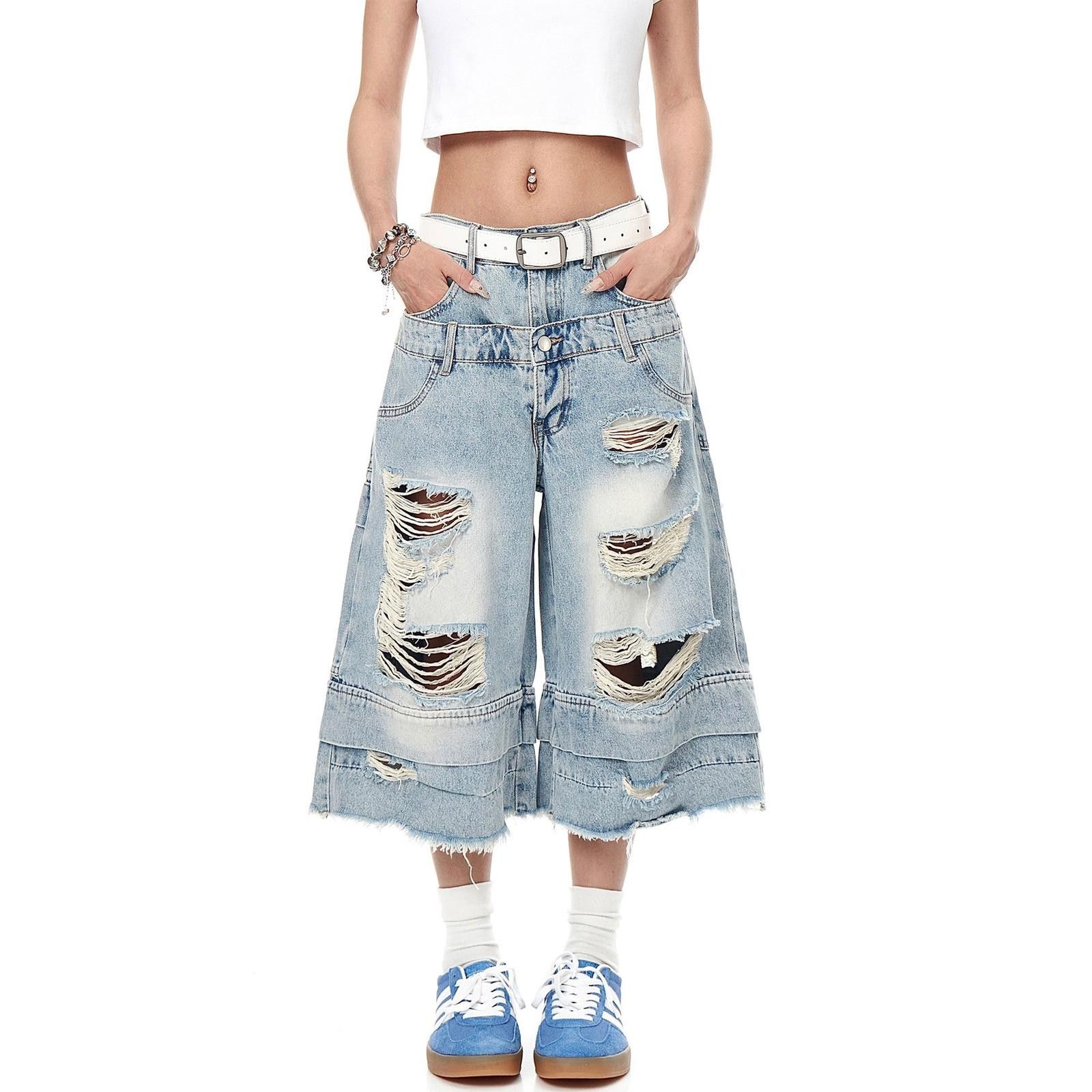 Jean Washed Double Waisted Heavy Ripped Denim Jorts - Shorts Size US 30 / EU 46 - 2 Thumbnail