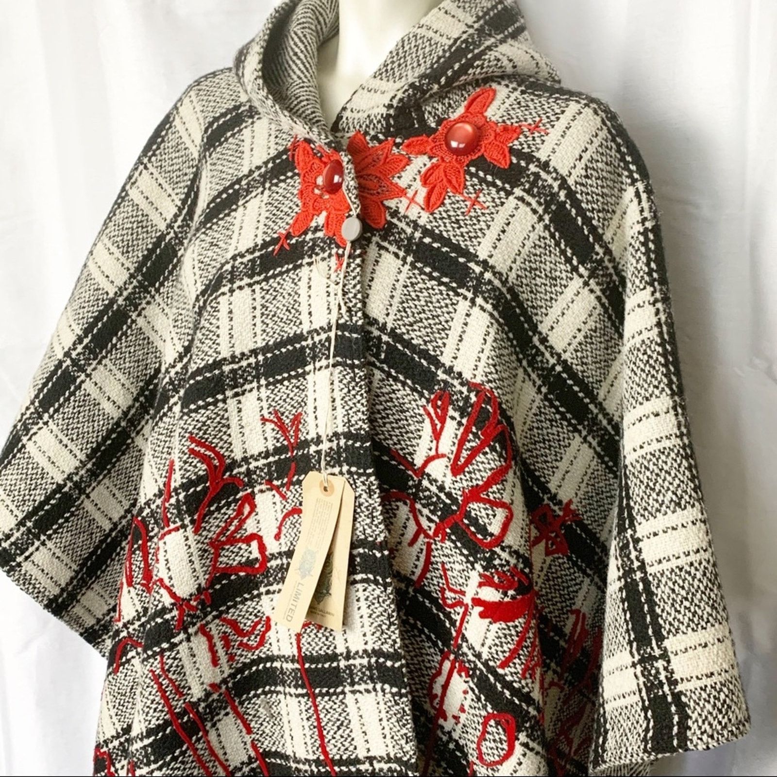 Ermanno Gallamini Ermanno Gallamini Hooded Wool Blanket Cape Poncho Check Size ONE SIZE - 3 Thumbnail
