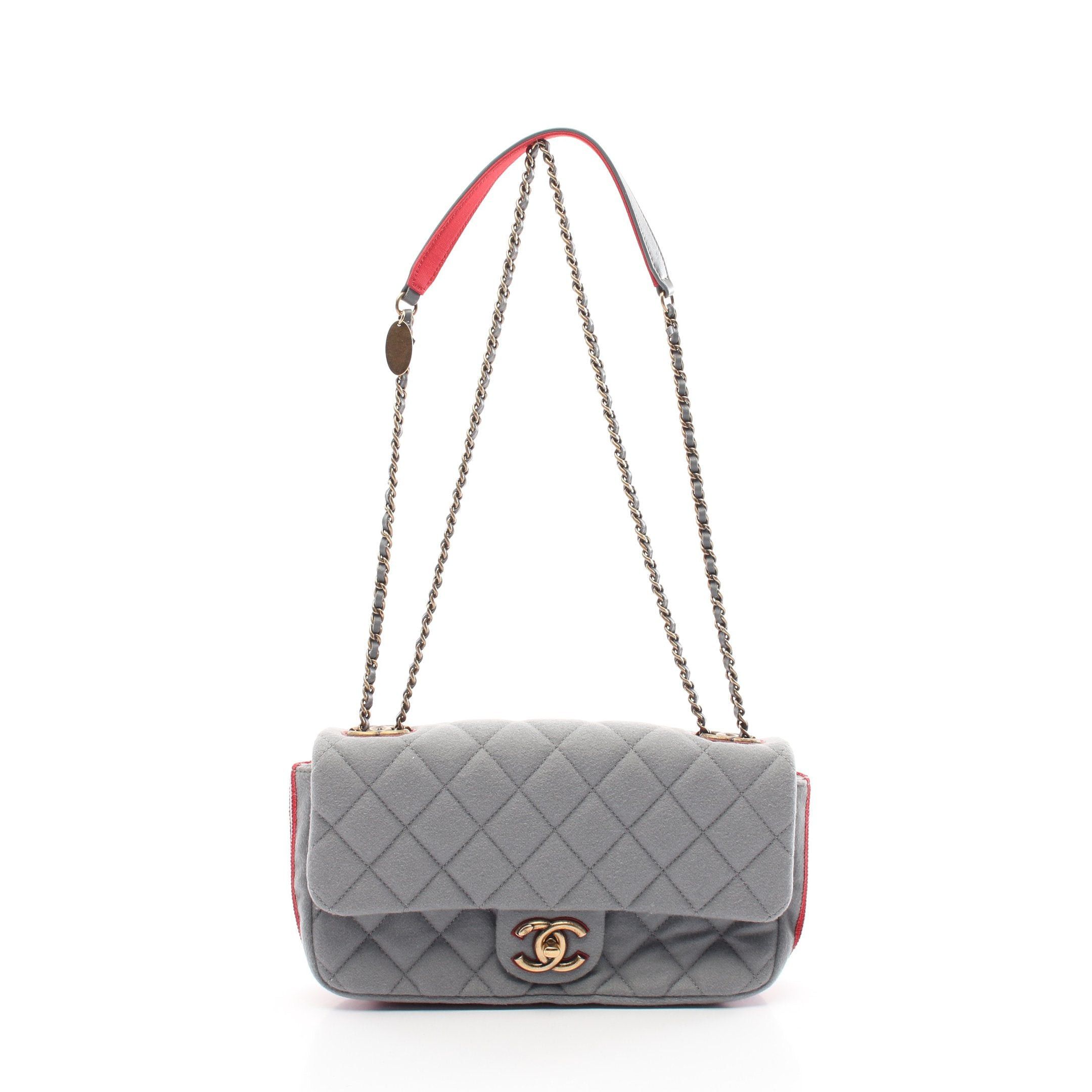 Chanel Chanel Matelasse Double Chain Shoulder Bag Feutre Leather Canvas Gray Red Antique Gold Hardware Size ONE SIZE - 1 Thumbnail